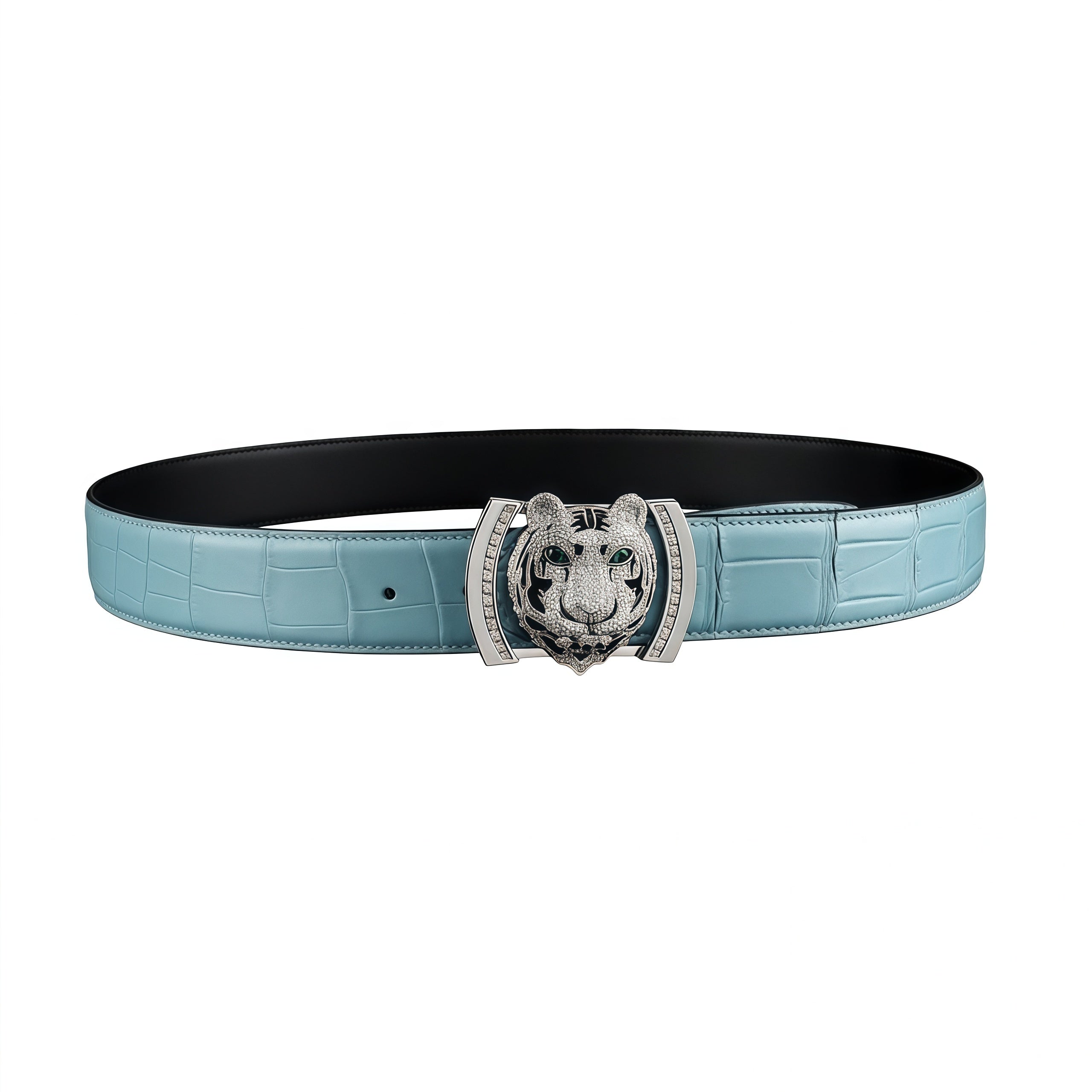 BELTLEY Blue Real Crocodile Leather Belt With Silver Tiger Buckle