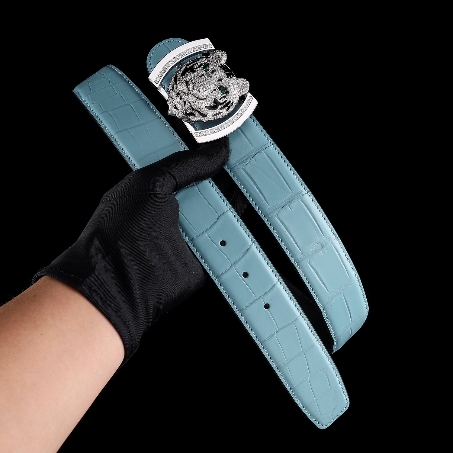 BELTLEY Blue Real Crocodile Leather Belt With Silver Tiger Buckle