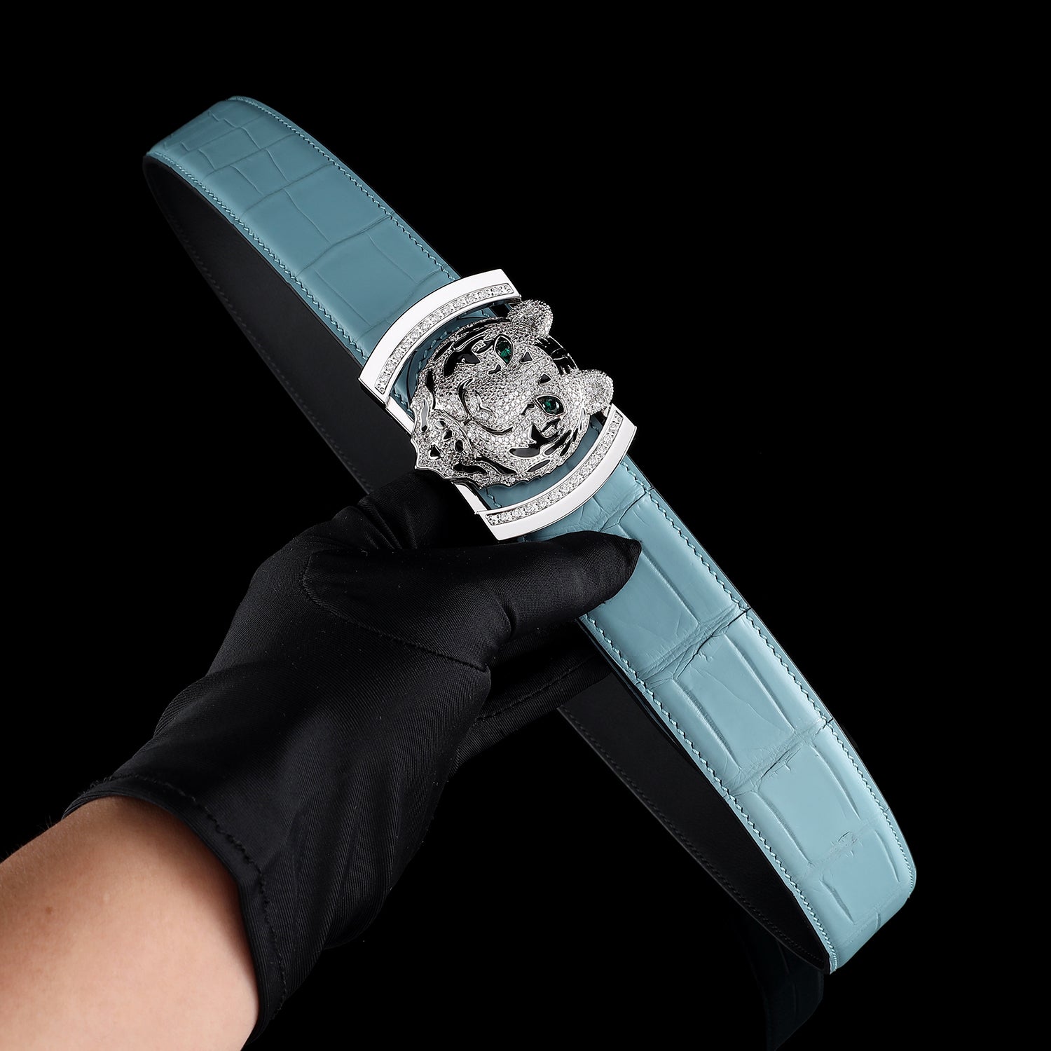 BELTLEY Blue Real Crocodile Leather Belt With Silver Tiger Buckle