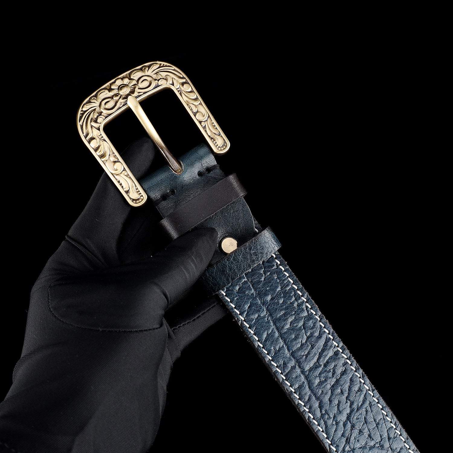 BELTLEY Blue Vintage Leather Belt – Solid Floral Brass Buckle