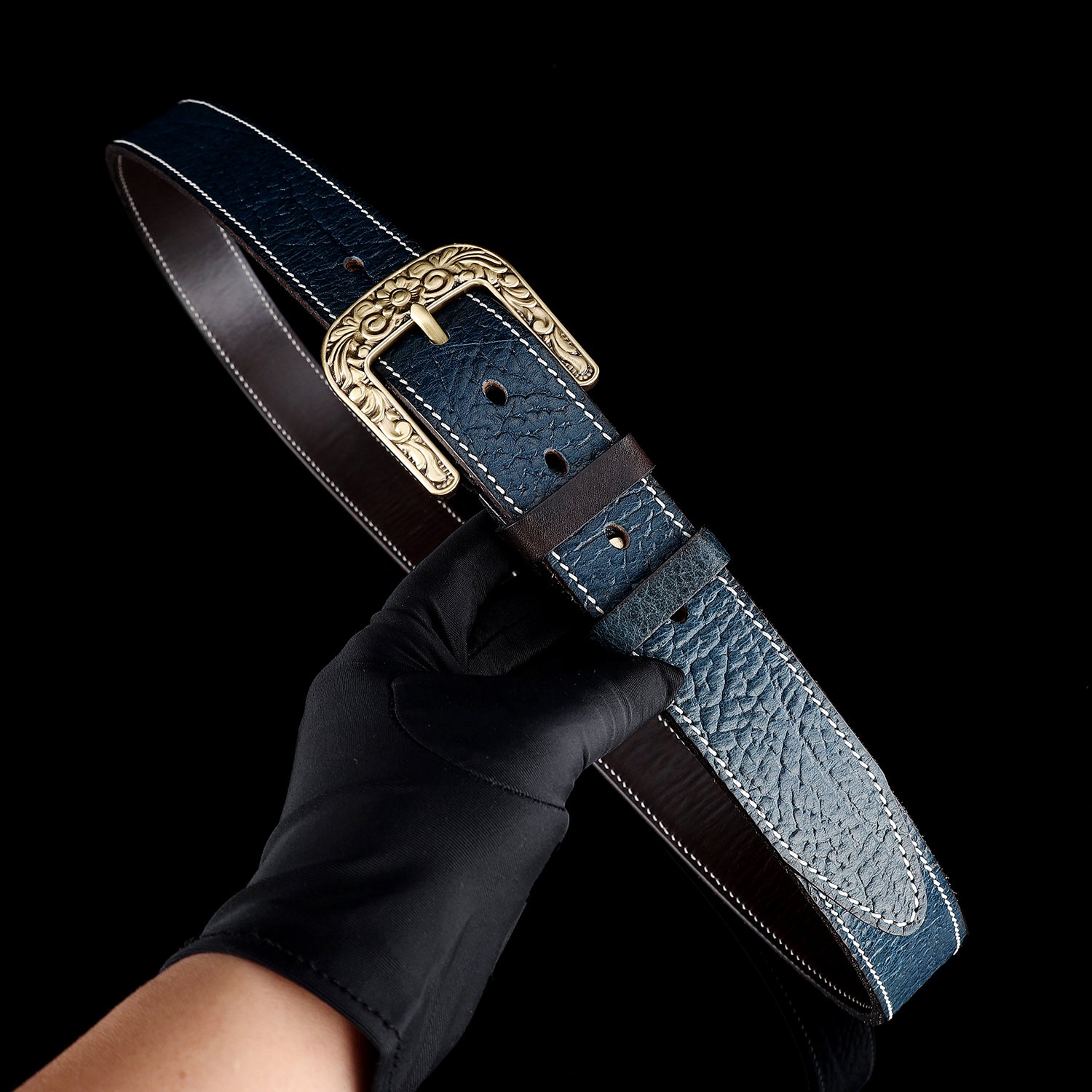 BELTLEY Blue Vintage Leather Belt – Solid Floral Brass Buckle