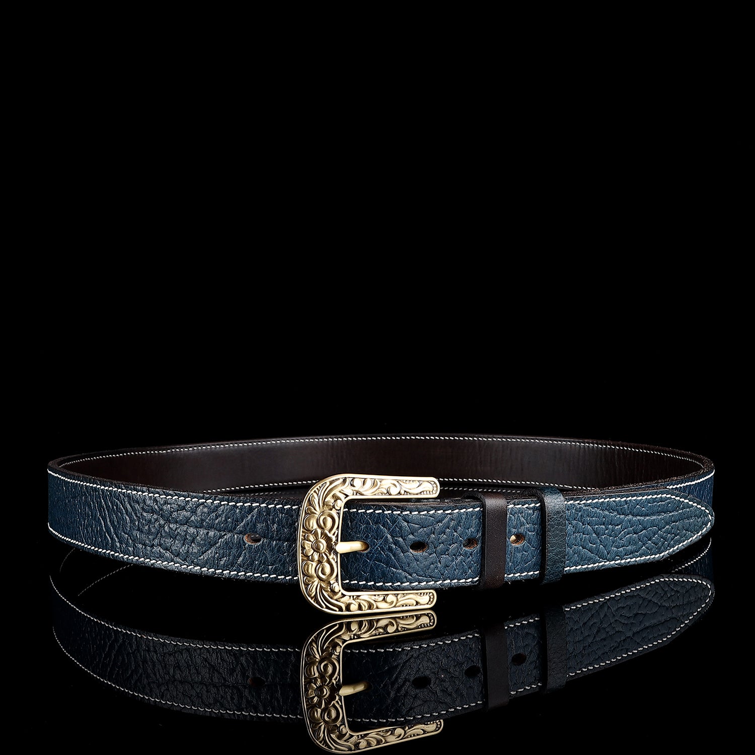 BELTLEY Blue Vintage Leather Belt – Solid Floral Brass Buckle