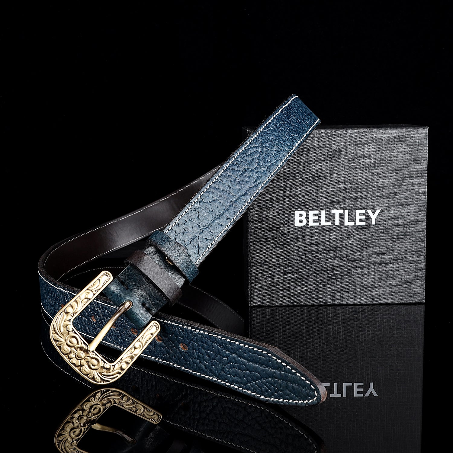 BELTLEY Blue Vintage Leather Belt – Solid Floral Brass Buckle
