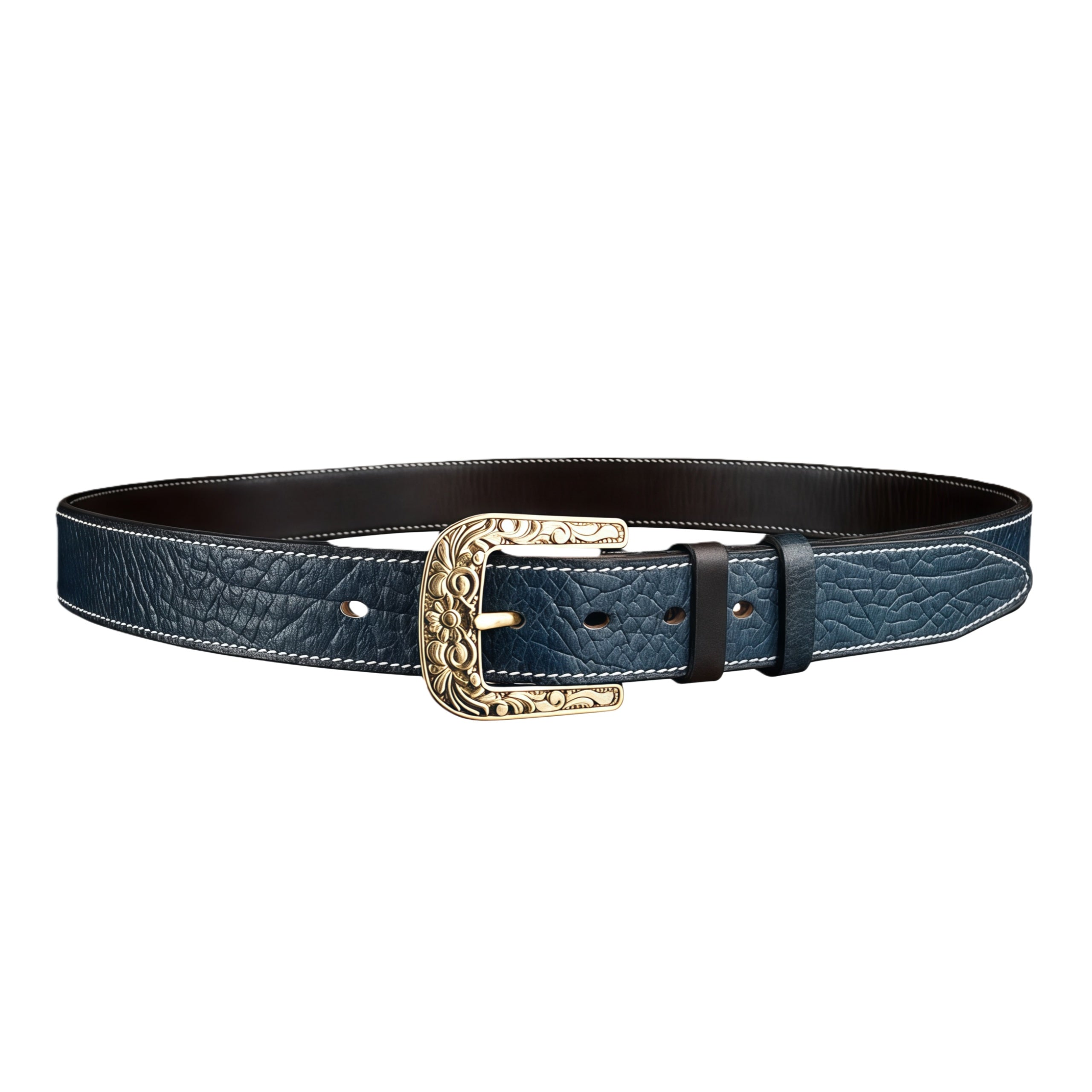 BELTLEY Blue Vintage Leather Belt – Solid Floral Brass Buckle