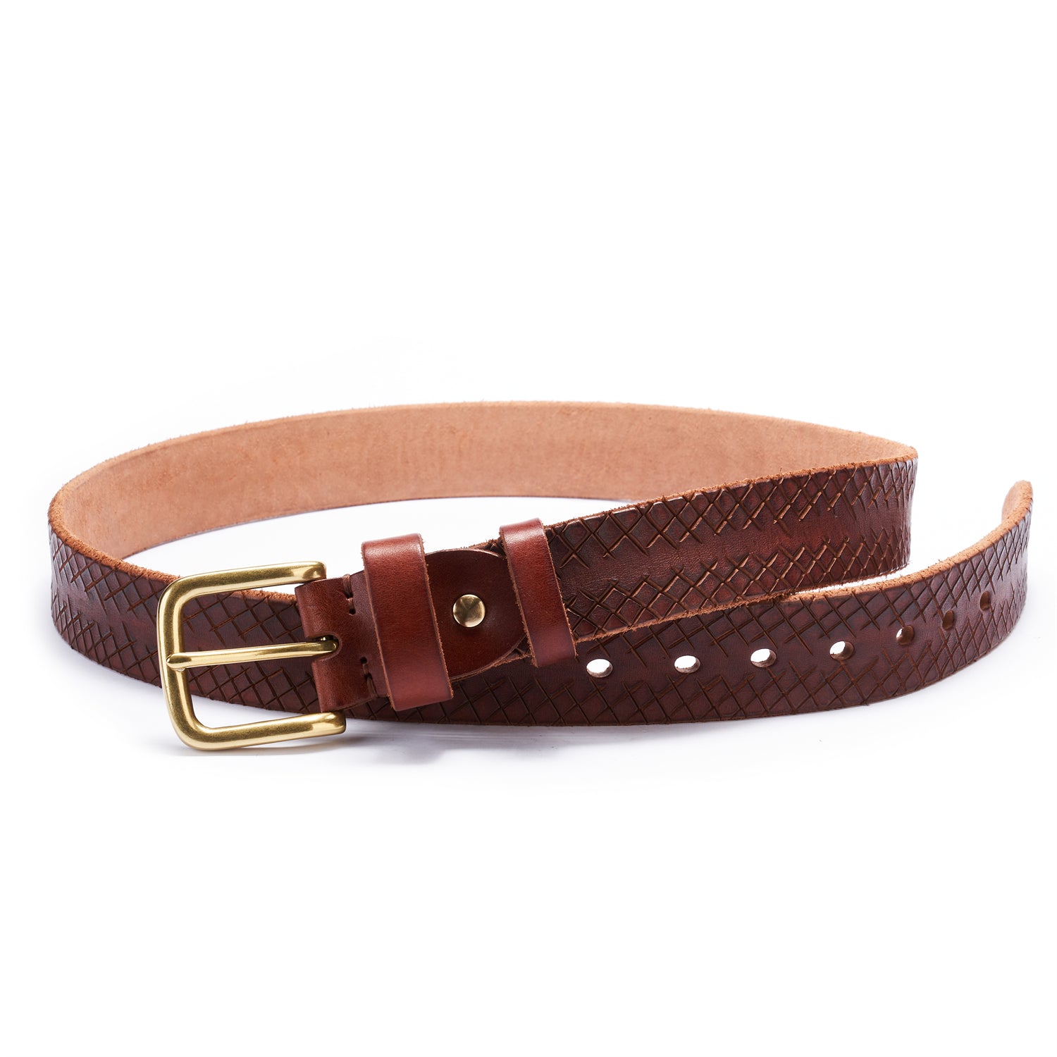 BELTLEY Brown Artisan Leather Belt - Laser-Cut Checkered & Raw Edge&Backing