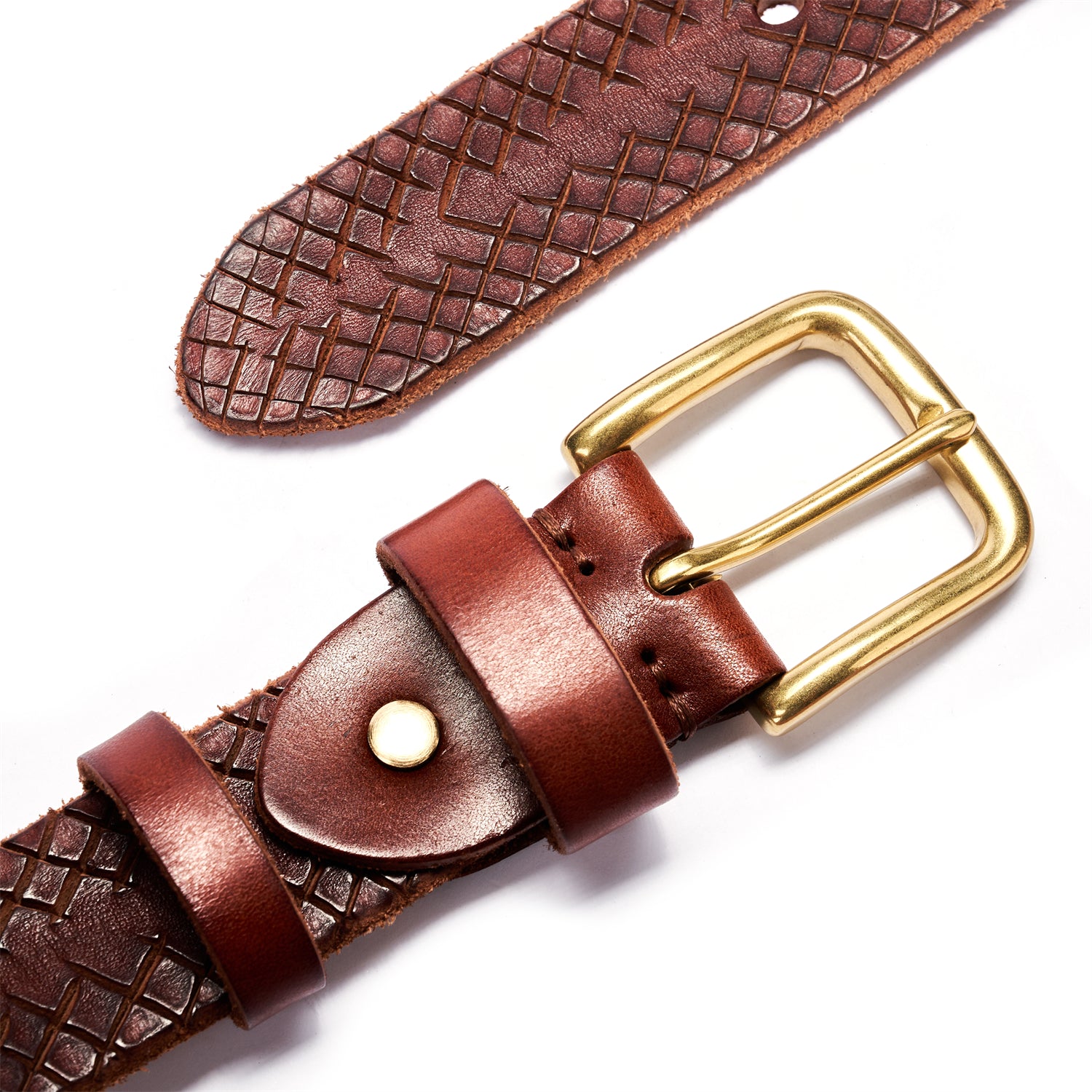BELTLEY Brown Artisan Leather Belt - Laser-Cut Checkered & Raw Edge&Backing
