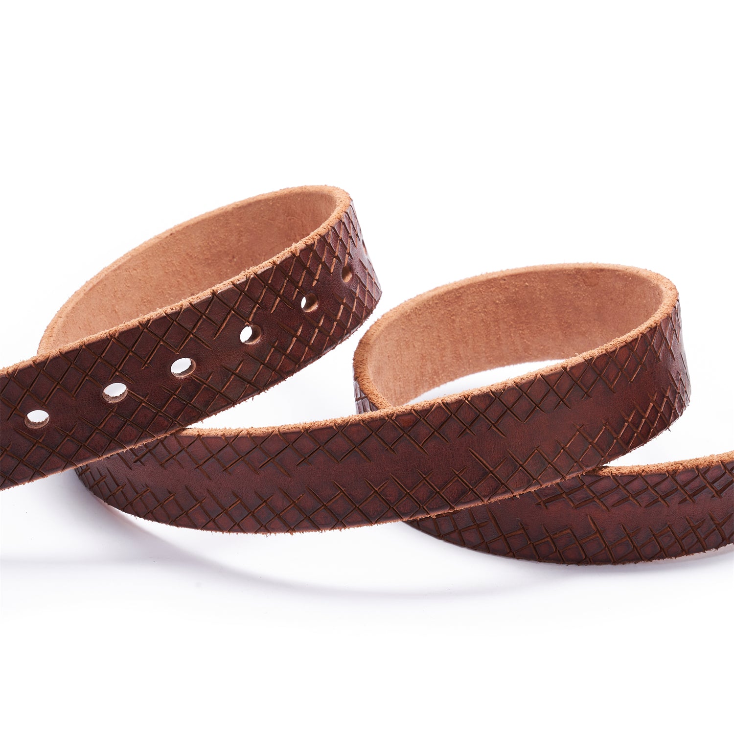 BELTLEY Brown Artisan Leather Belt - Laser-Cut Checkered & Raw Edge&Backing