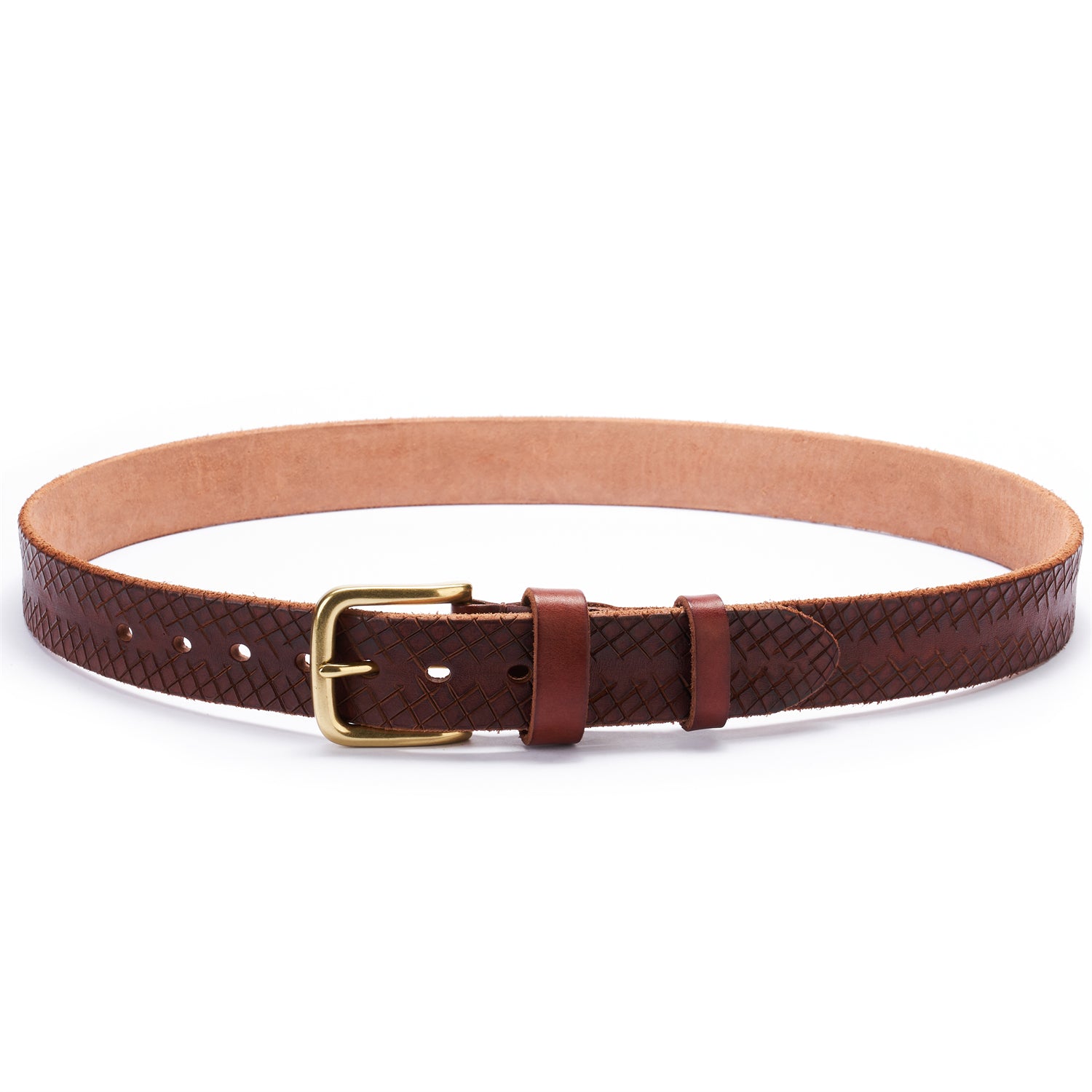 BELTLEY Brown Artisan Leather Belt - Laser-Cut Checkered & Raw Edge&Backing