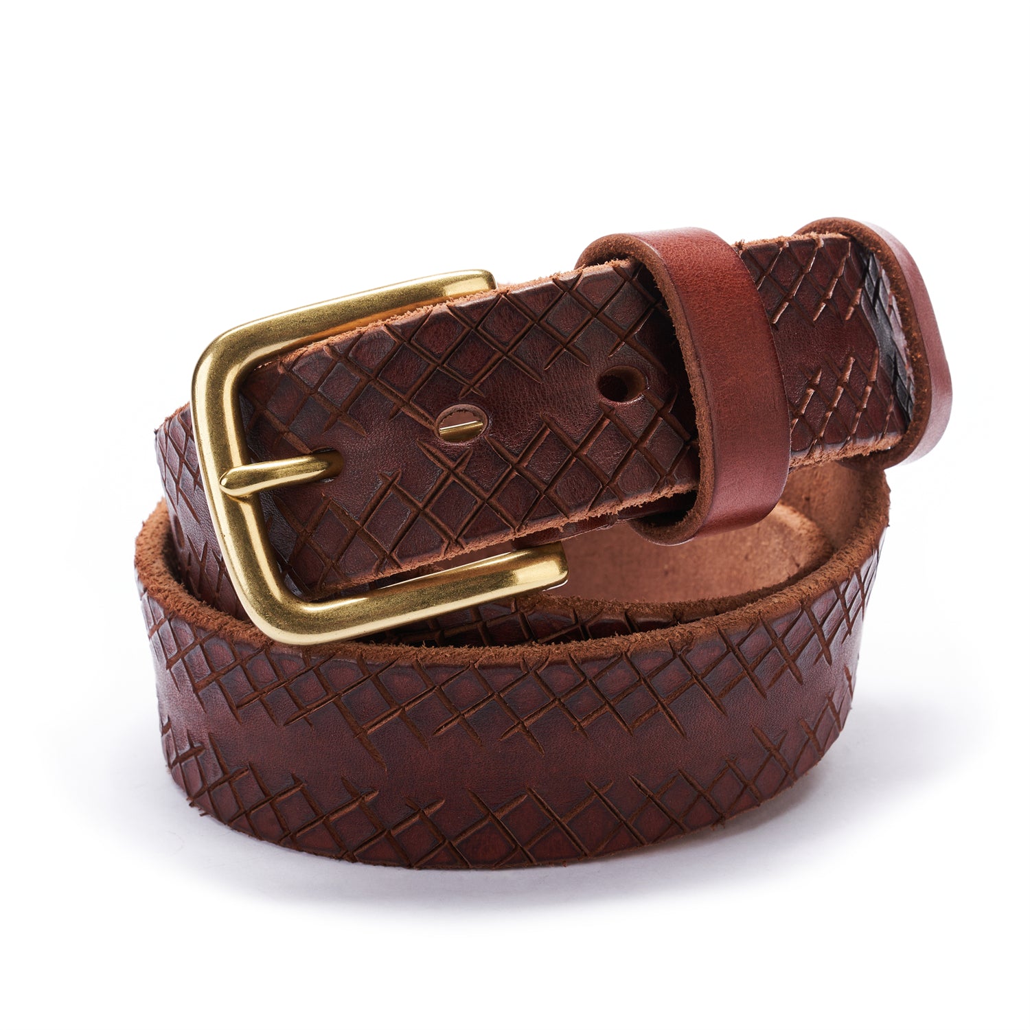 BELTLEY Brown Artisan Leather Belt - Laser-Cut Checkered & Raw Edge&Backing