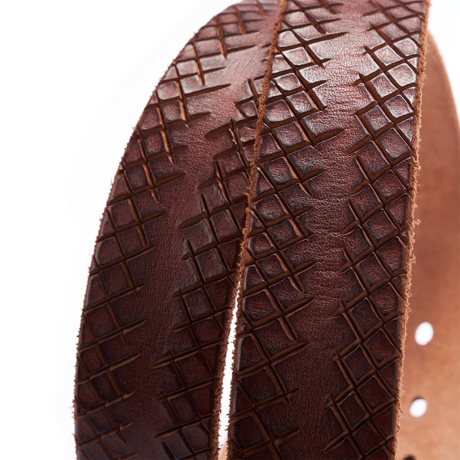 BELTLEY Brown Artisan Leather Belt - Laser-Cut Checkered & Raw Edge&Backing