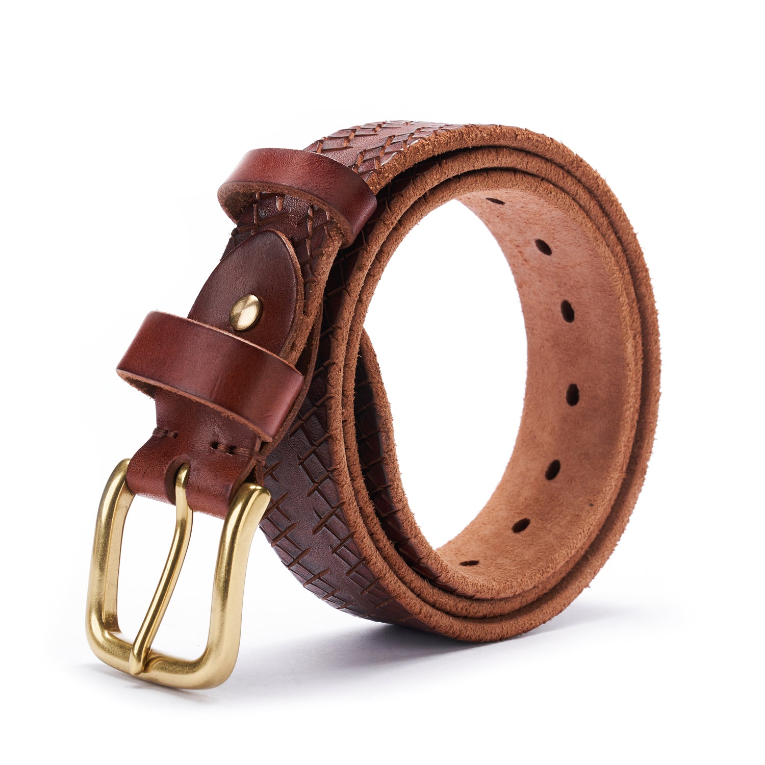 BELTLEY Brown Artisan Leather Belt - Laser-Cut Checkered & Raw Edge&Backing