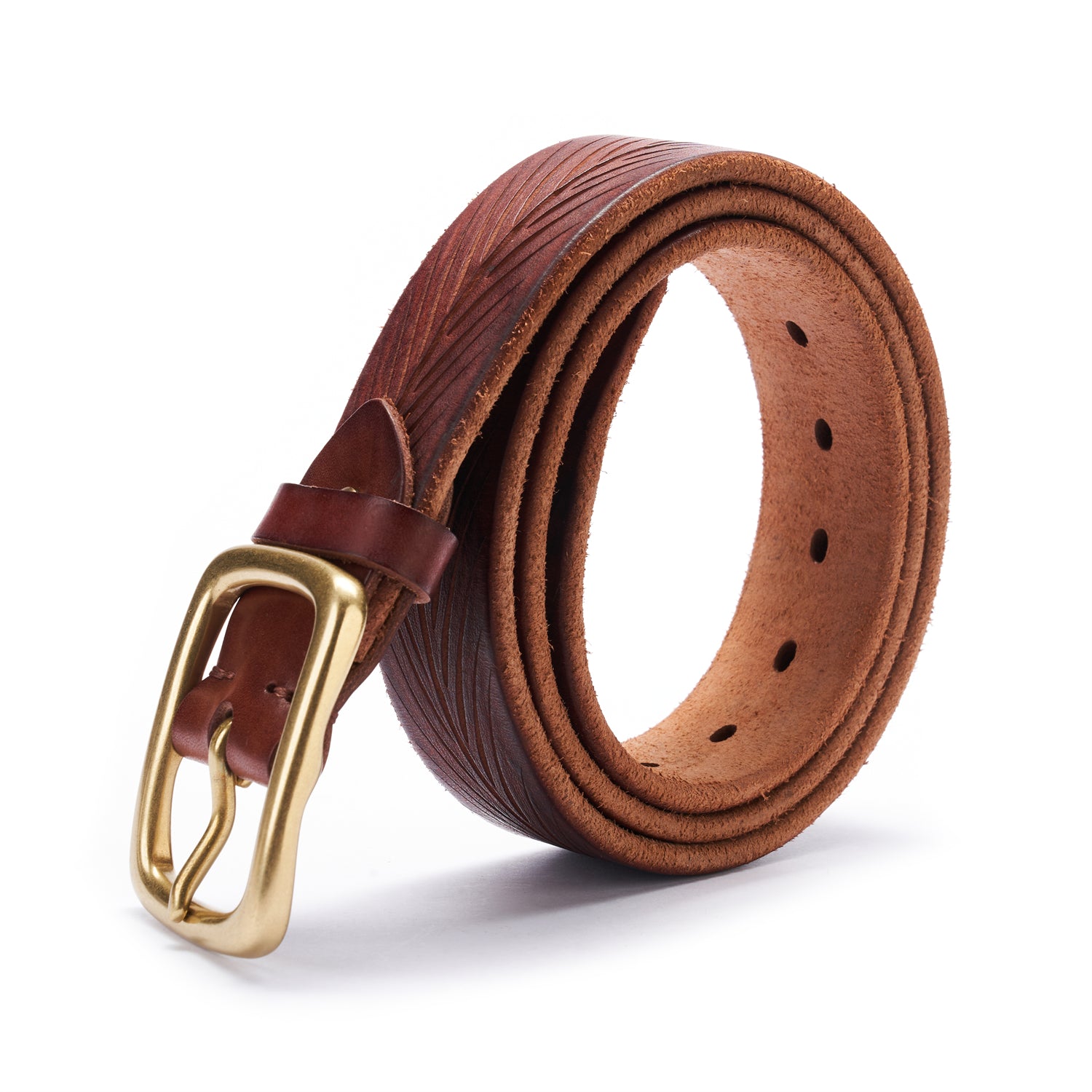 BELTLEY Brown Artisan Leather Belt- Laser-Cut Leaf -Raw Edge & Suede Backing