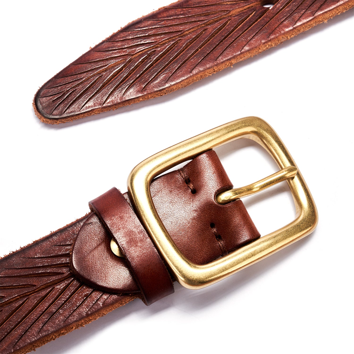 BELTLEY Brown Artisan Leather Belt- Laser-Cut Leaf -Raw Edge & Suede Backing