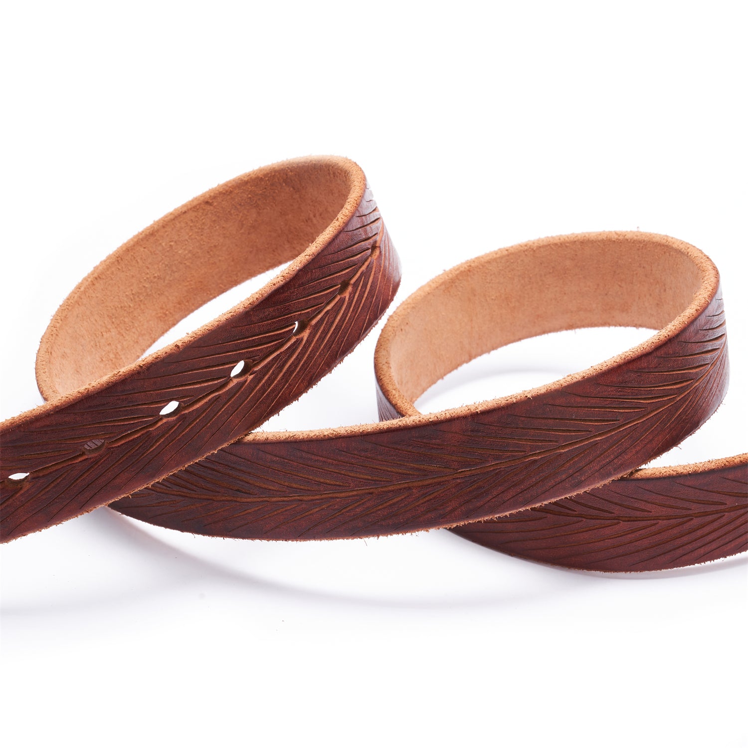 Brown Artisan Leather Belt- Laser-Cut Leaf -Raw Edge & Suede Backing — side detail | BELTLEY