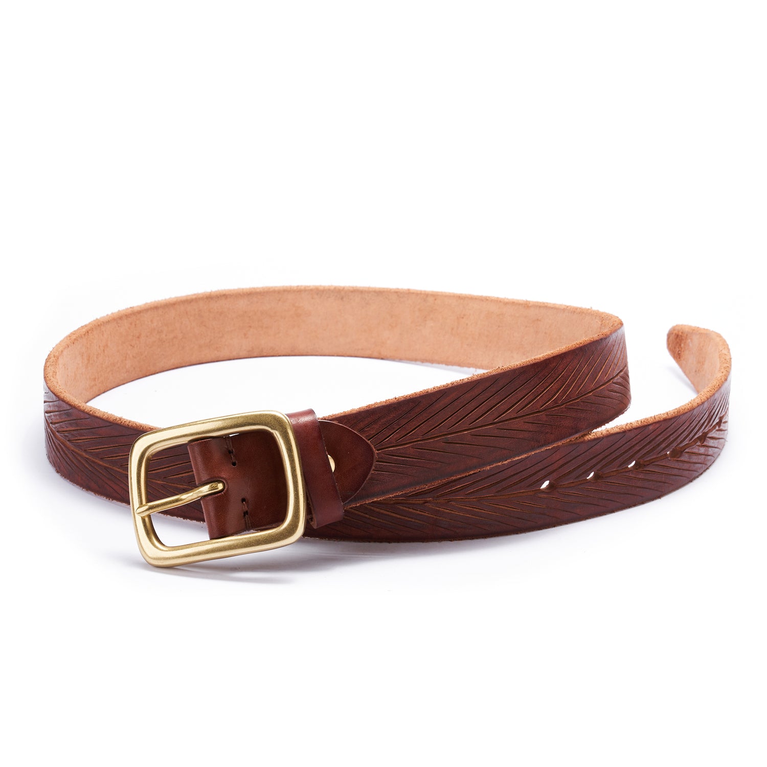 BELTLEY Brown Artisan Leather Belt- Laser-Cut Leaf -Raw Edge & Suede Backing
