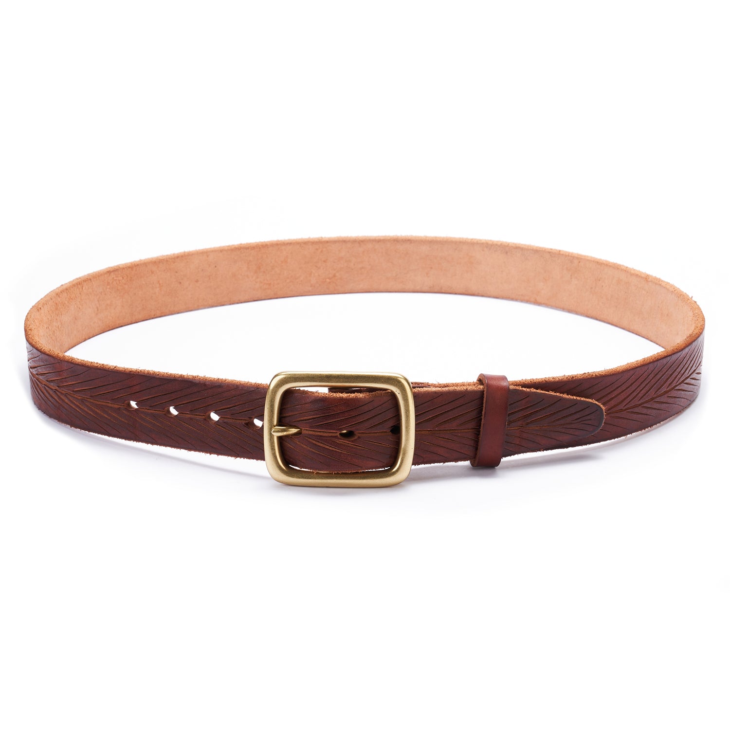 BELTLEY Brown Artisan Leather Belt- Laser-Cut Leaf -Raw Edge & Suede Backing