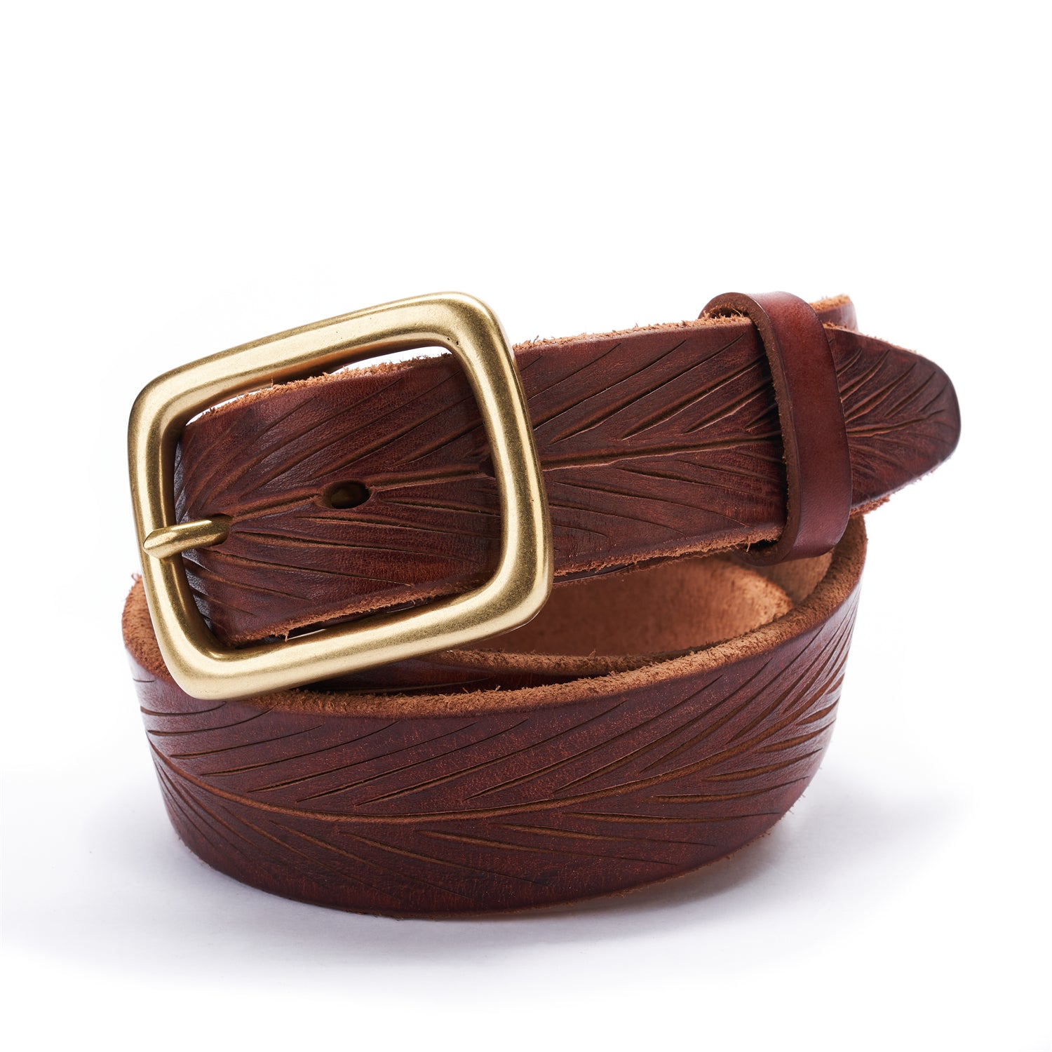 Brown Artisan Leather Belt- Laser-Cut Leaf -Raw Edge & Suede Backing — buckle close-up | BELTLEY