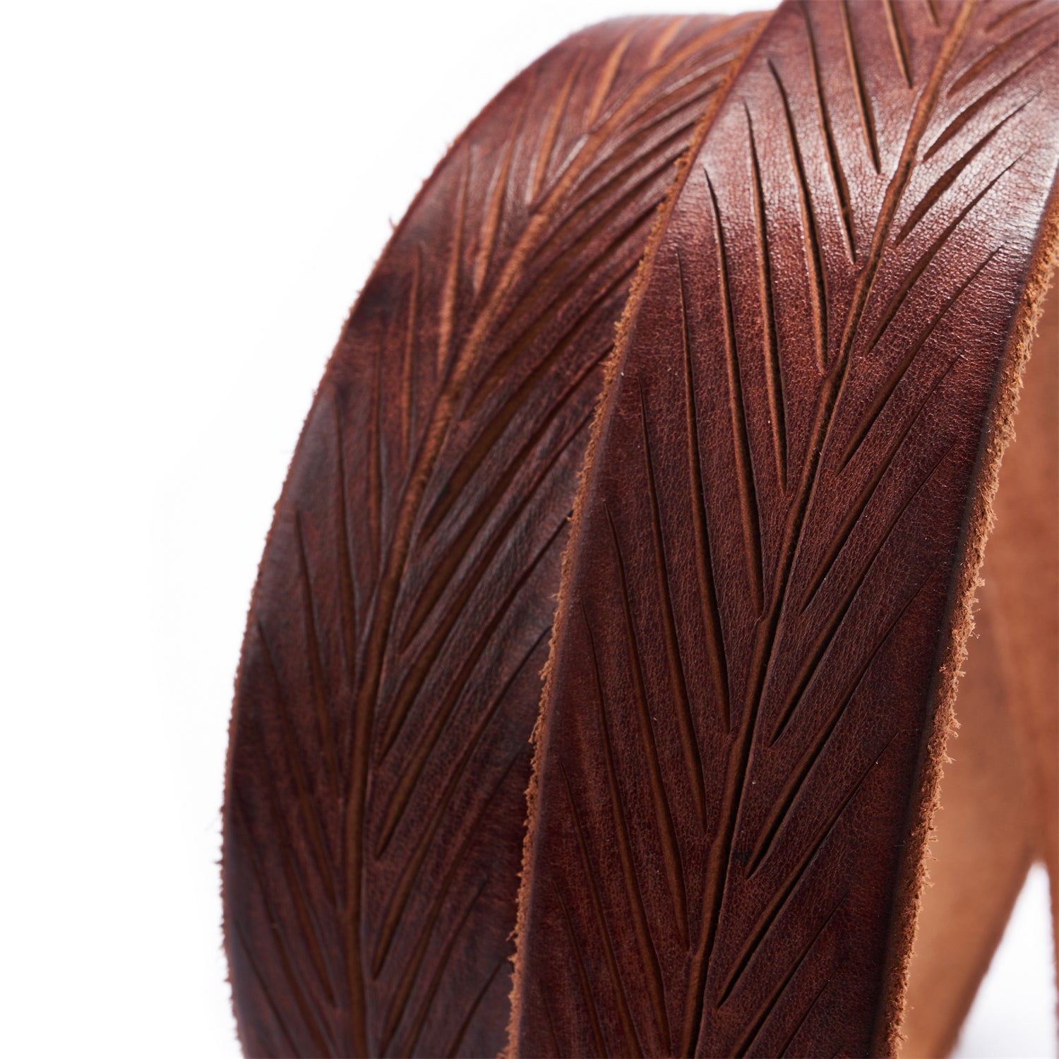 Brown Artisan Leather Belt- Laser-Cut Leaf -Raw Edge & Suede Backing — lay-flat view | BELTLEY