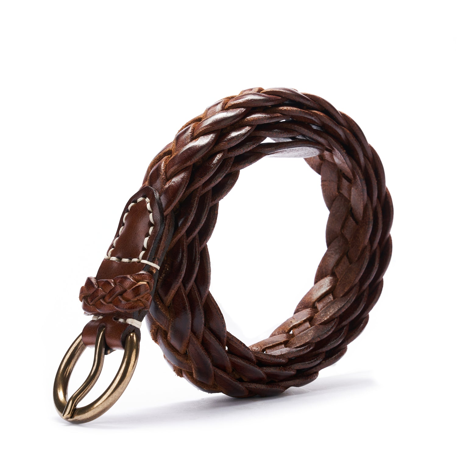 BELTLEY Brown Braided Leather Belt with O-Buckle-1 Inches