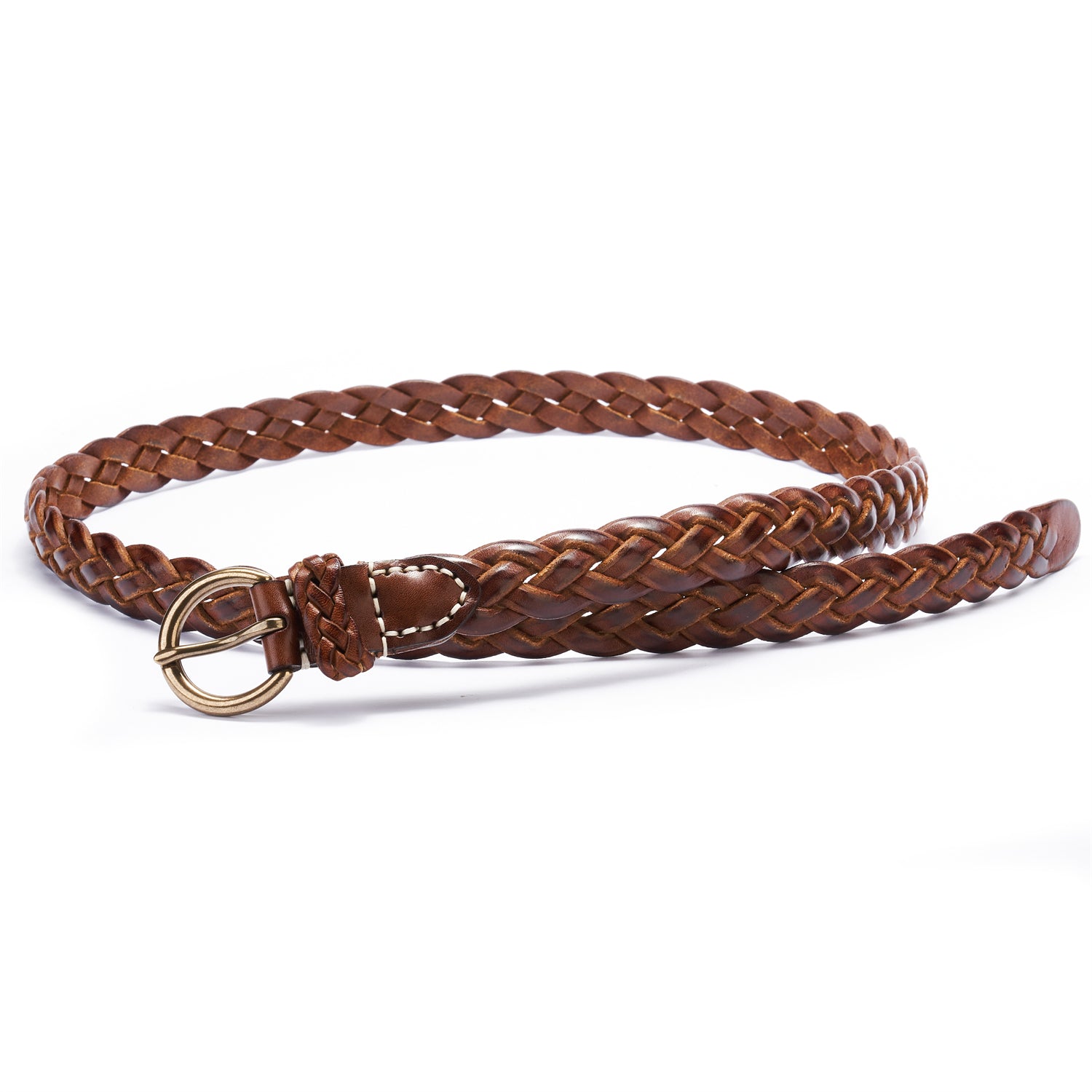 BELTLEY Brown Braided Leather Belt with O-Buckle-1 Inches
