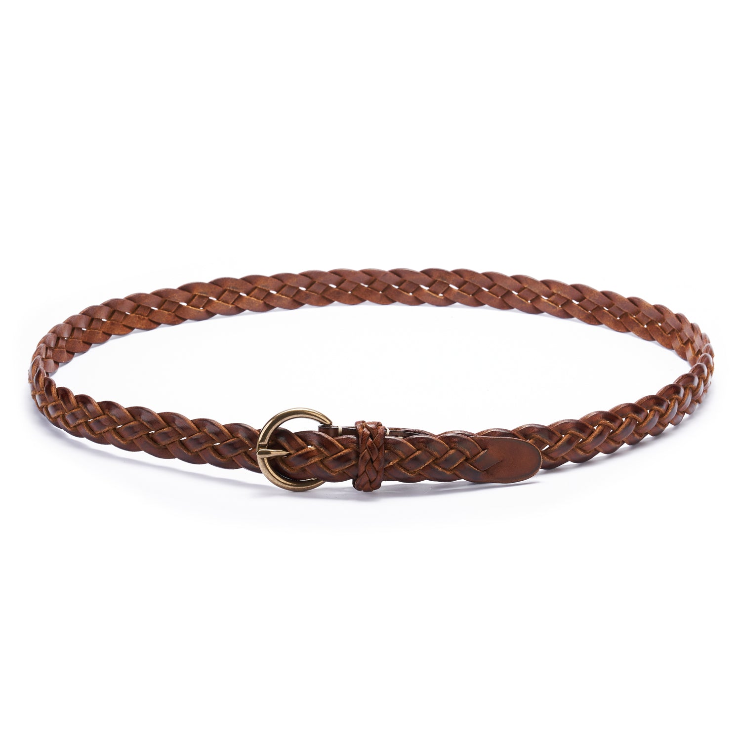 BELTLEY Brown Braided Leather Belt with O-Buckle-1 Inches