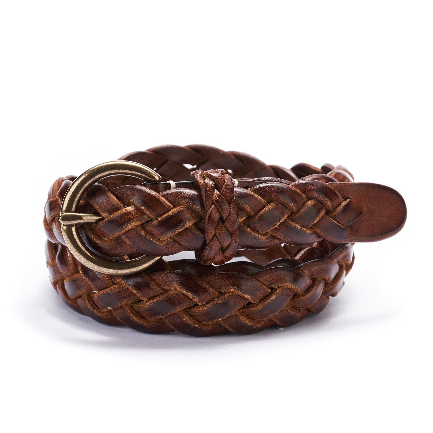 BELTLEY Brown Braided Leather Belt with O-Buckle-1 Inches