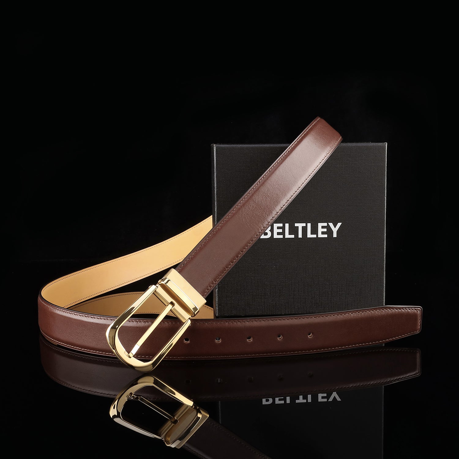 BELTLEY Brown Calfskin Dress Leather Belt For Men