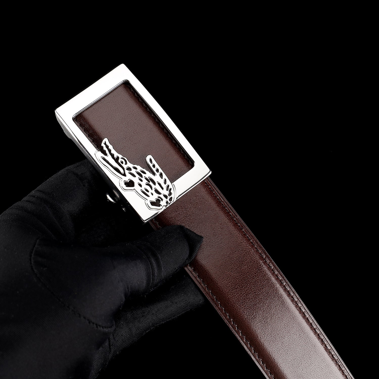 Brown Calfskin Leather Belt with Crocodile Buckle — lifestyle shot | BELTLEY