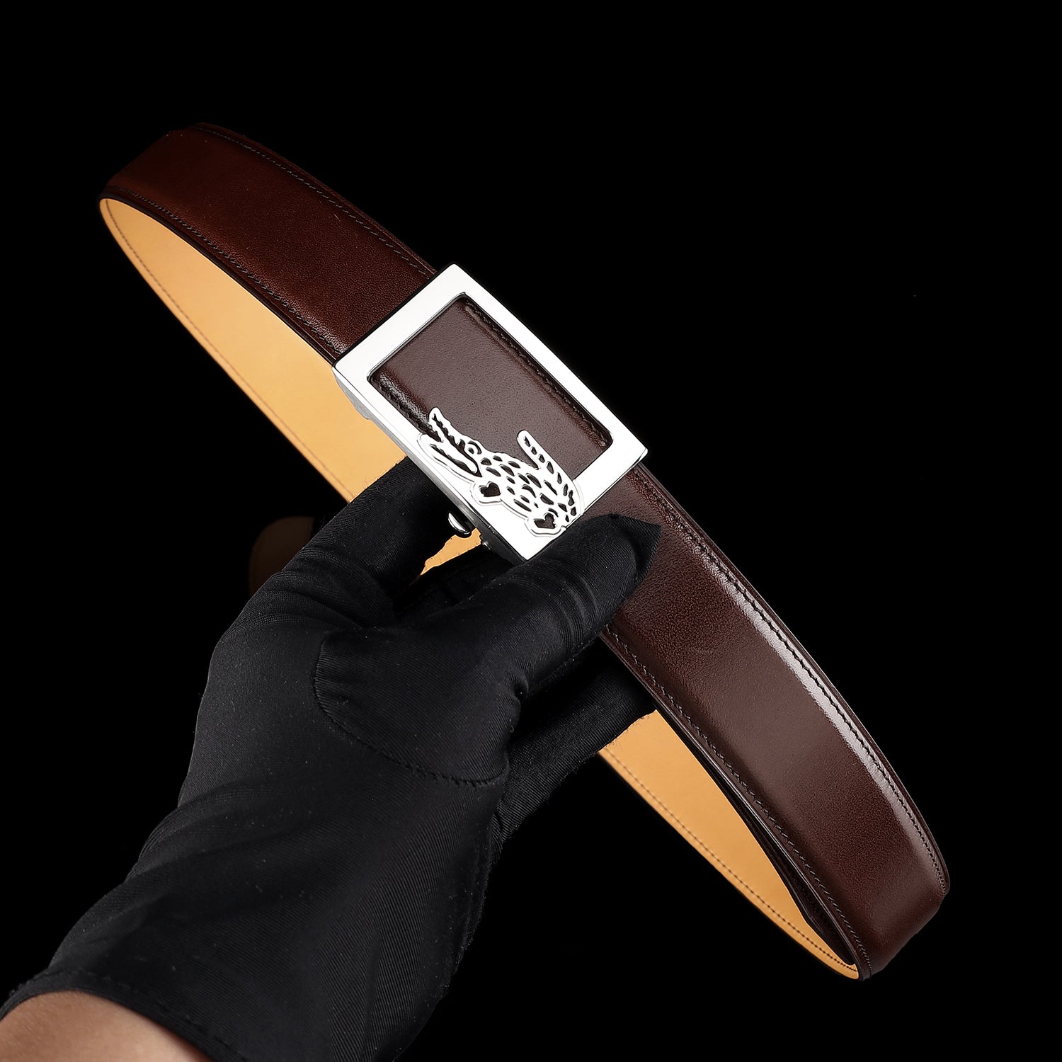 Brown Calfskin Leather Belt with Crocodile Buckle — reverse side | BELTLEY