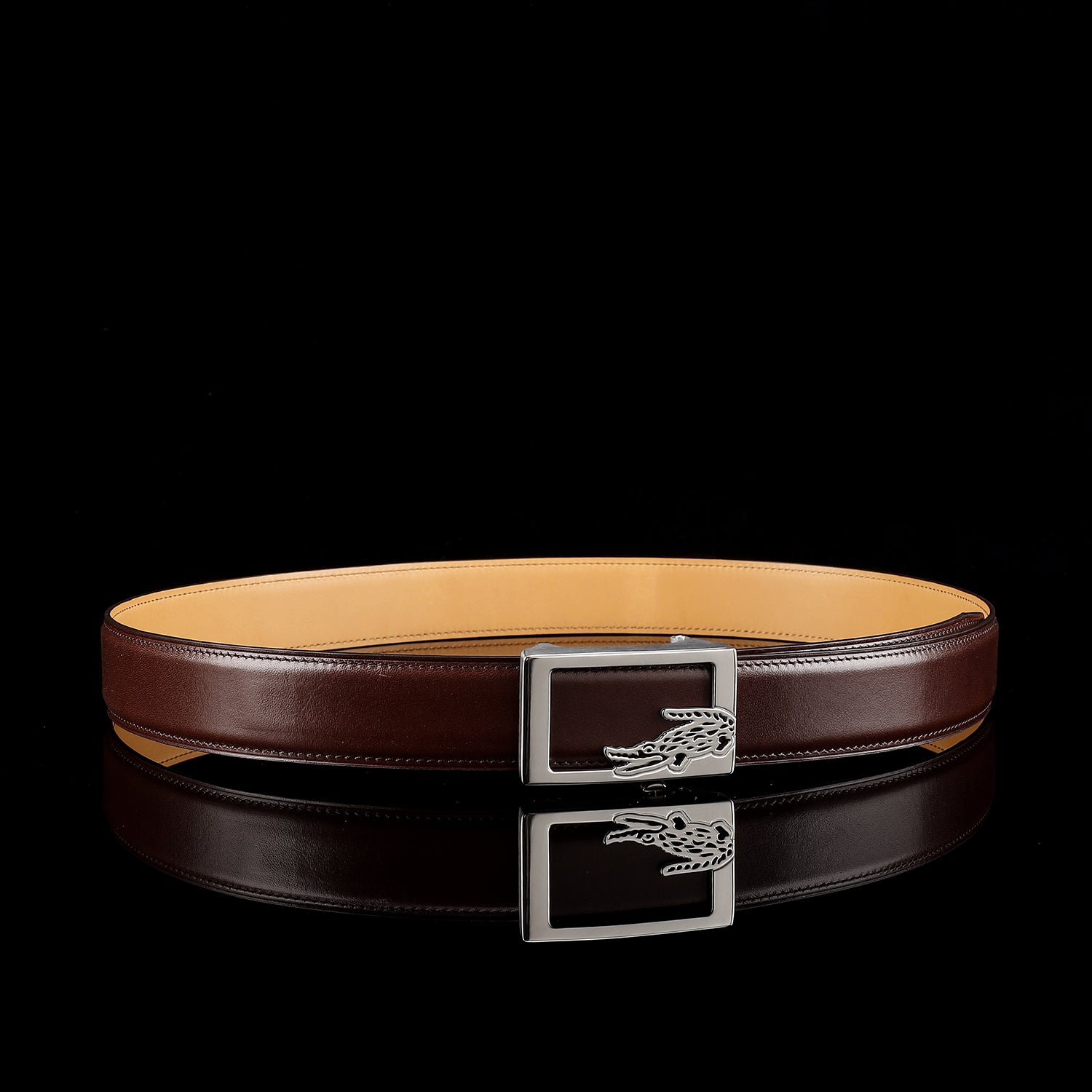 BELTLEY Brown Calfskin Leather Belt with Crocodile Buckle