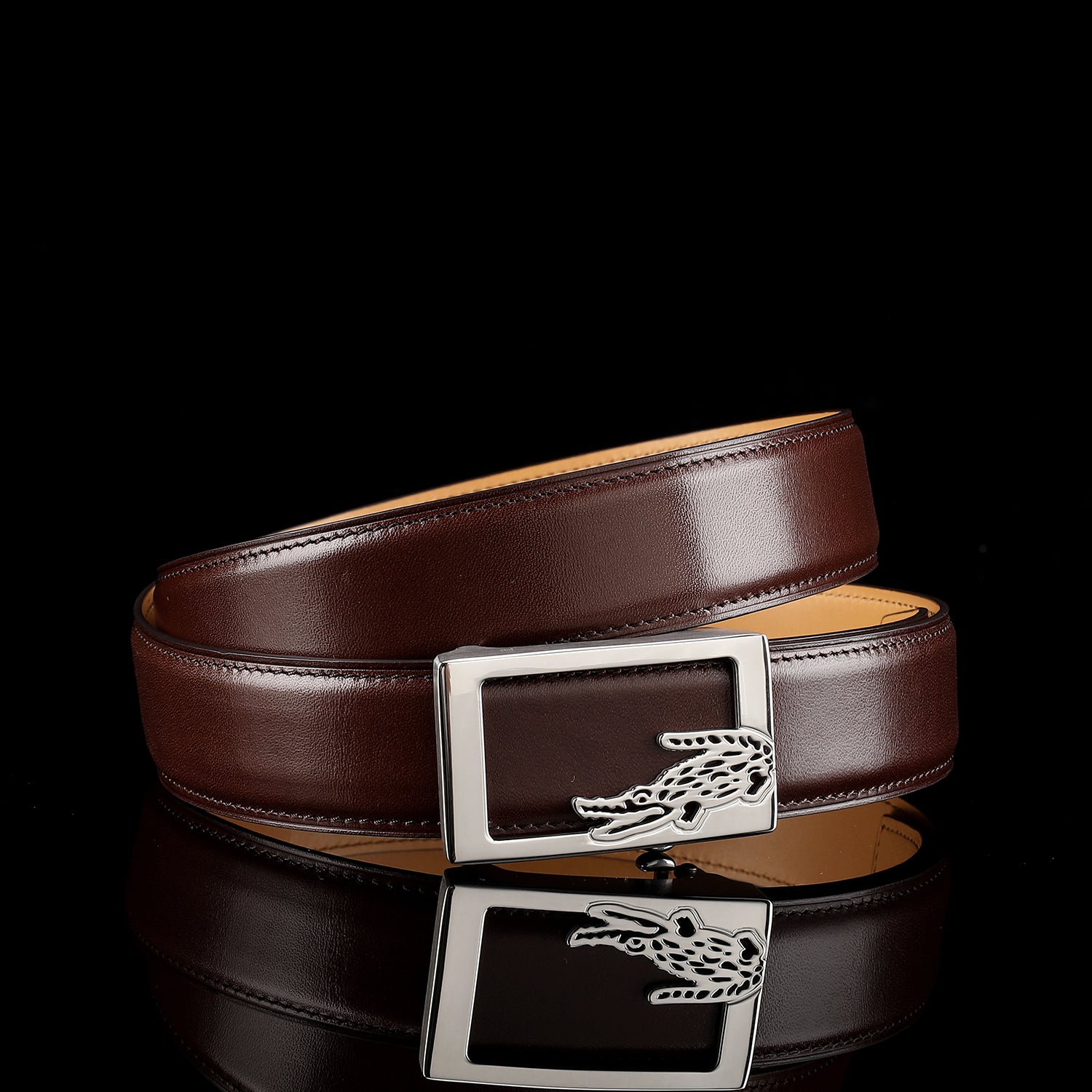 BELTLEY Brown Calfskin Leather Belt with Crocodile Buckle