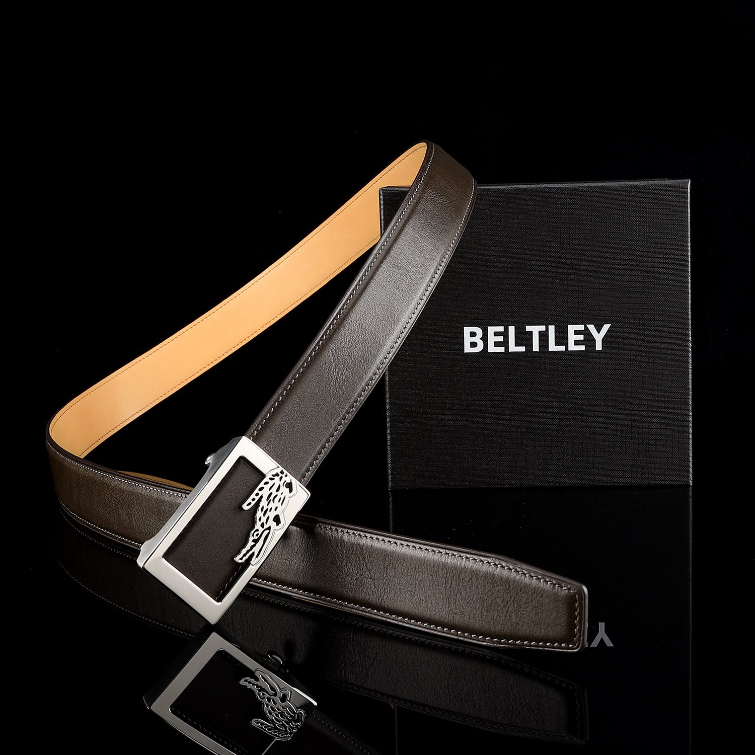 Brown Calfskin Leather Belt with Crocodile Buckle — additional view 16 | BELTLEY