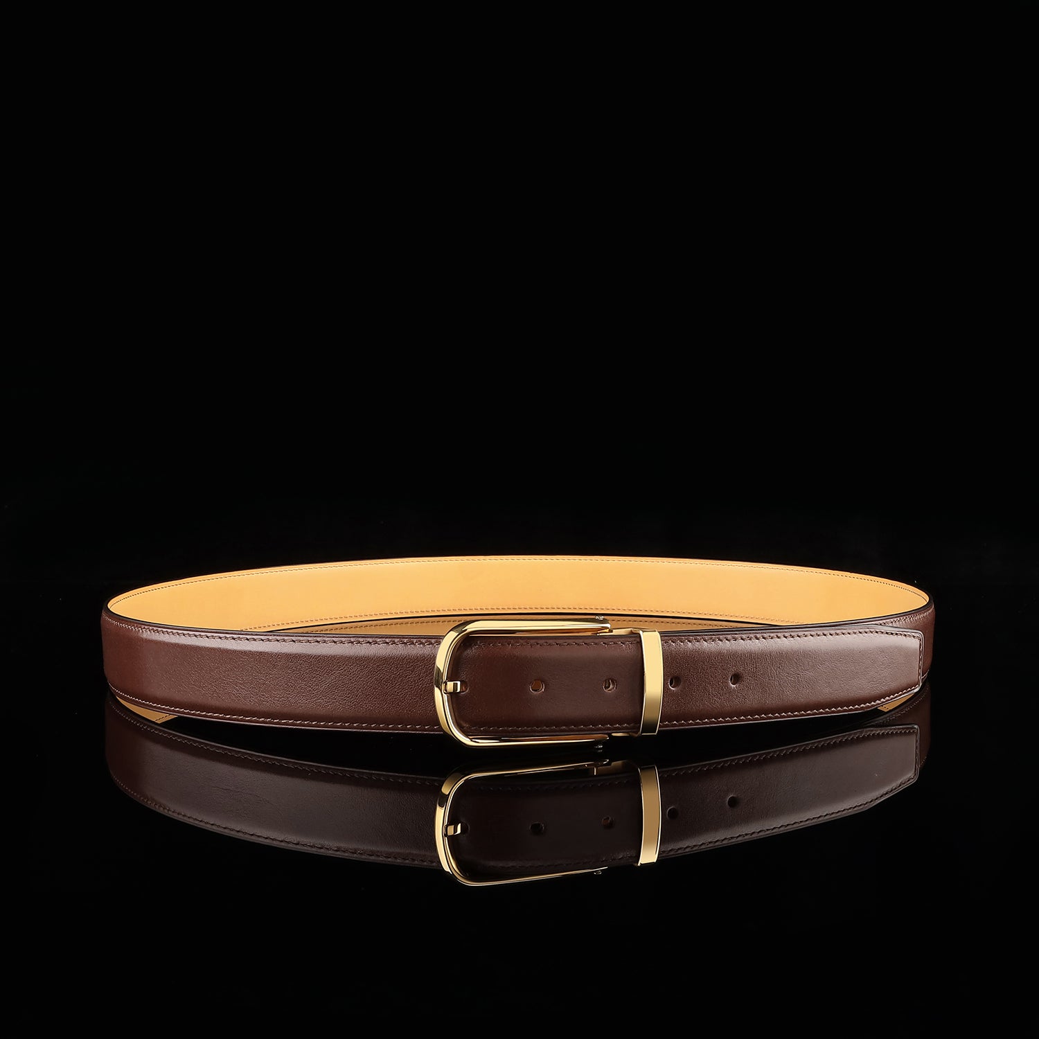 BELTLEY Brown Calfskin Leather Belt with Gold Prong Buckle