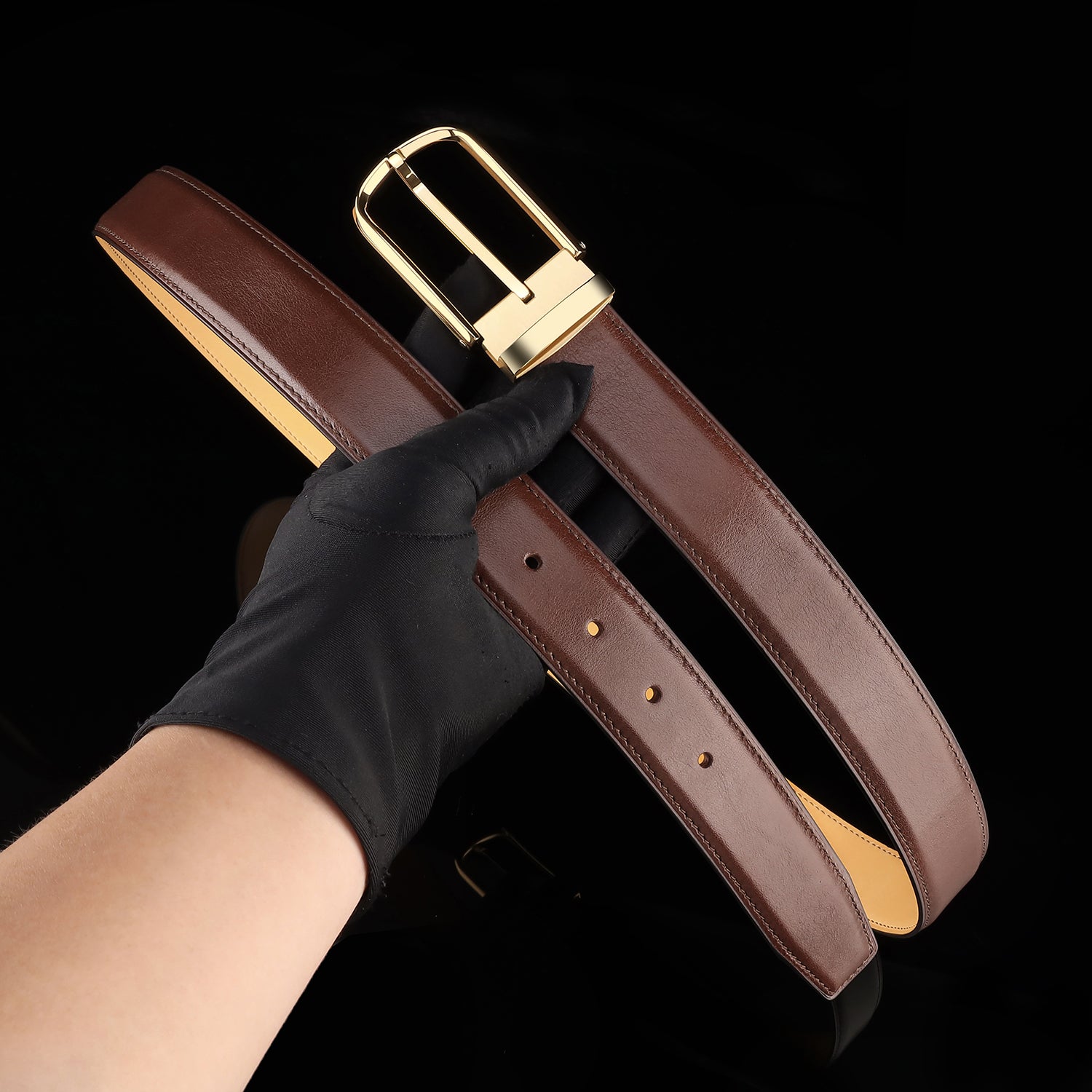 BELTLEY Brown Calfskin Leather Belt with Gold Prong Buckle