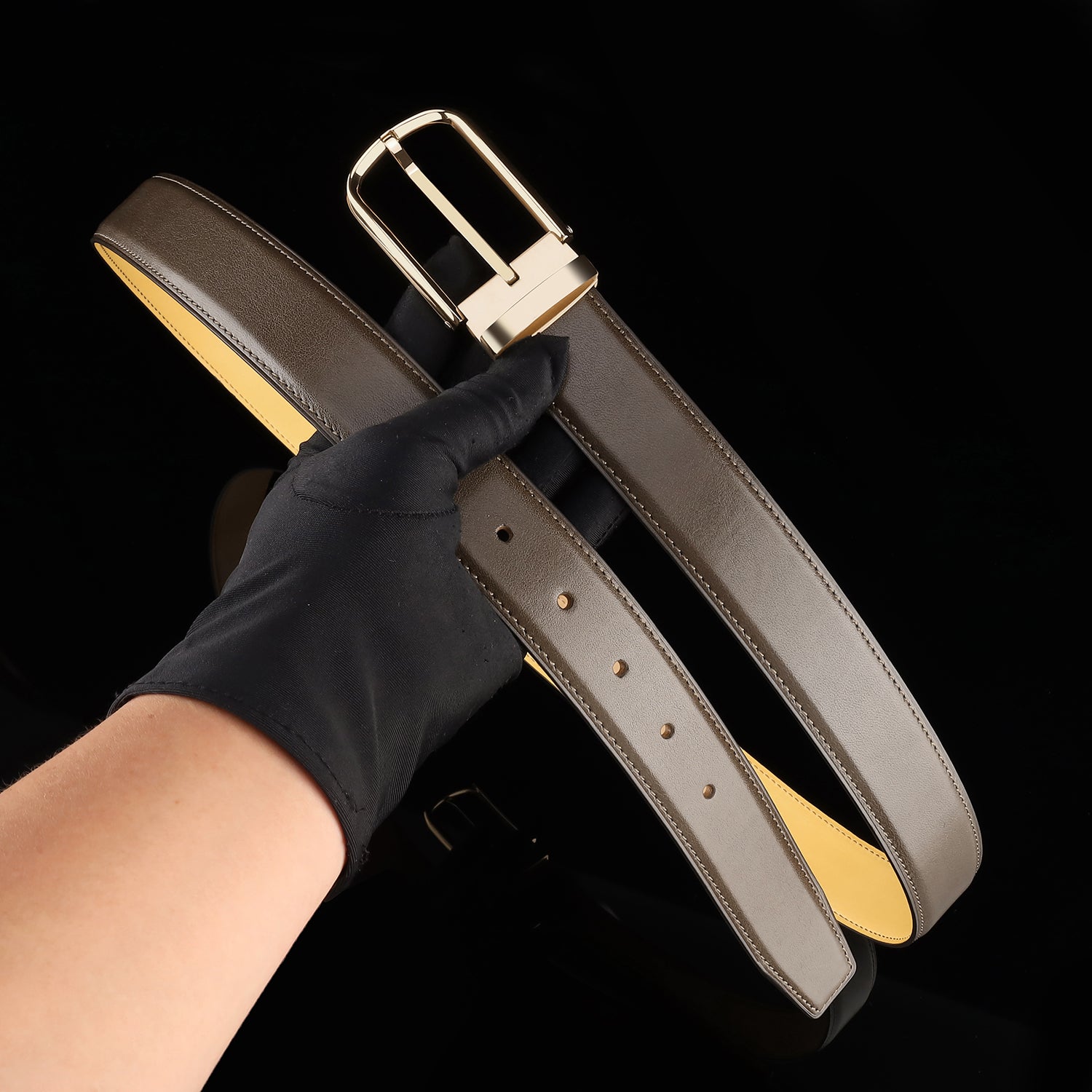 BELTLEY Brown Calfskin Leather Belt with Gold Prong Buckle