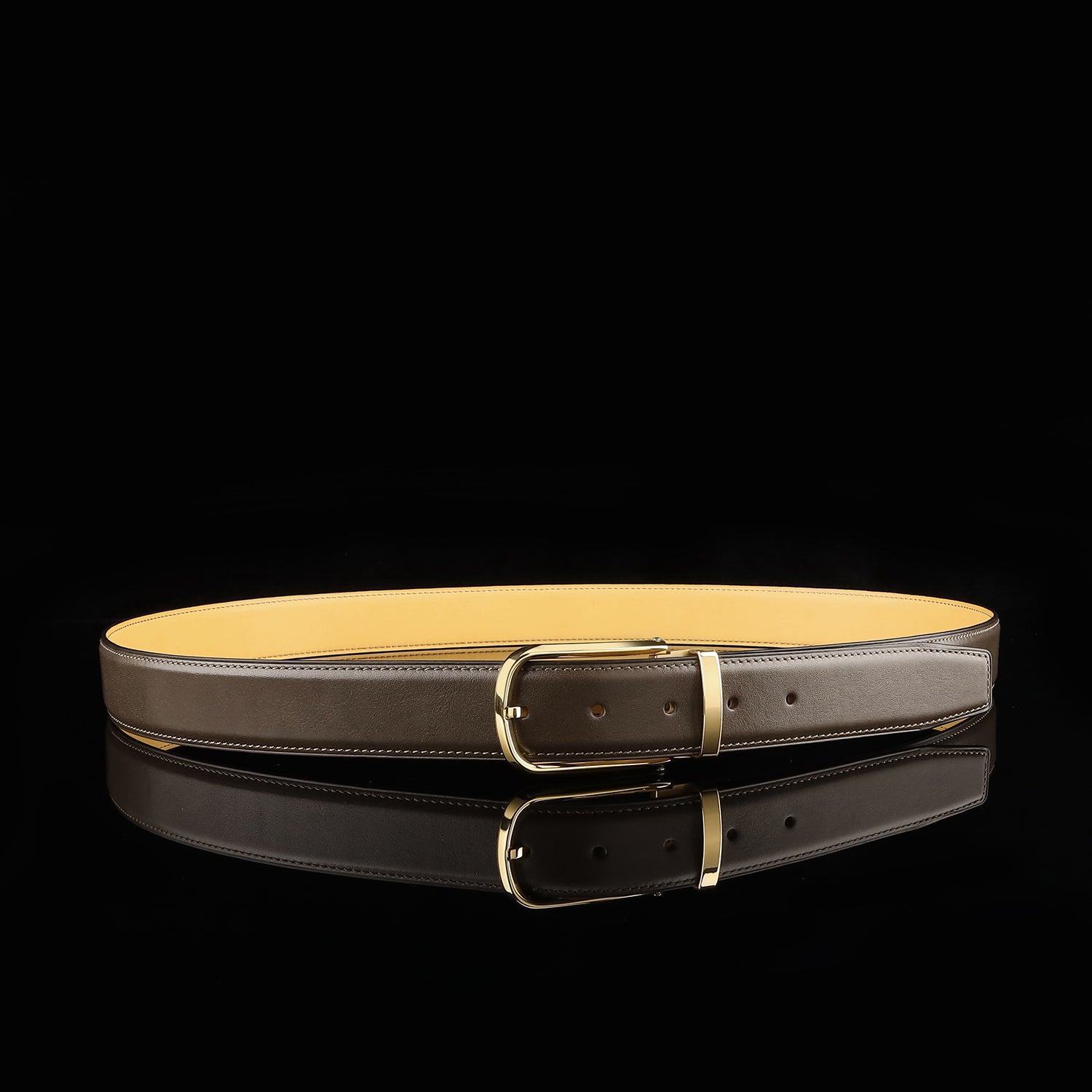 BELTLEY Brown Calfskin Leather Belt with Gold Prong Buckle