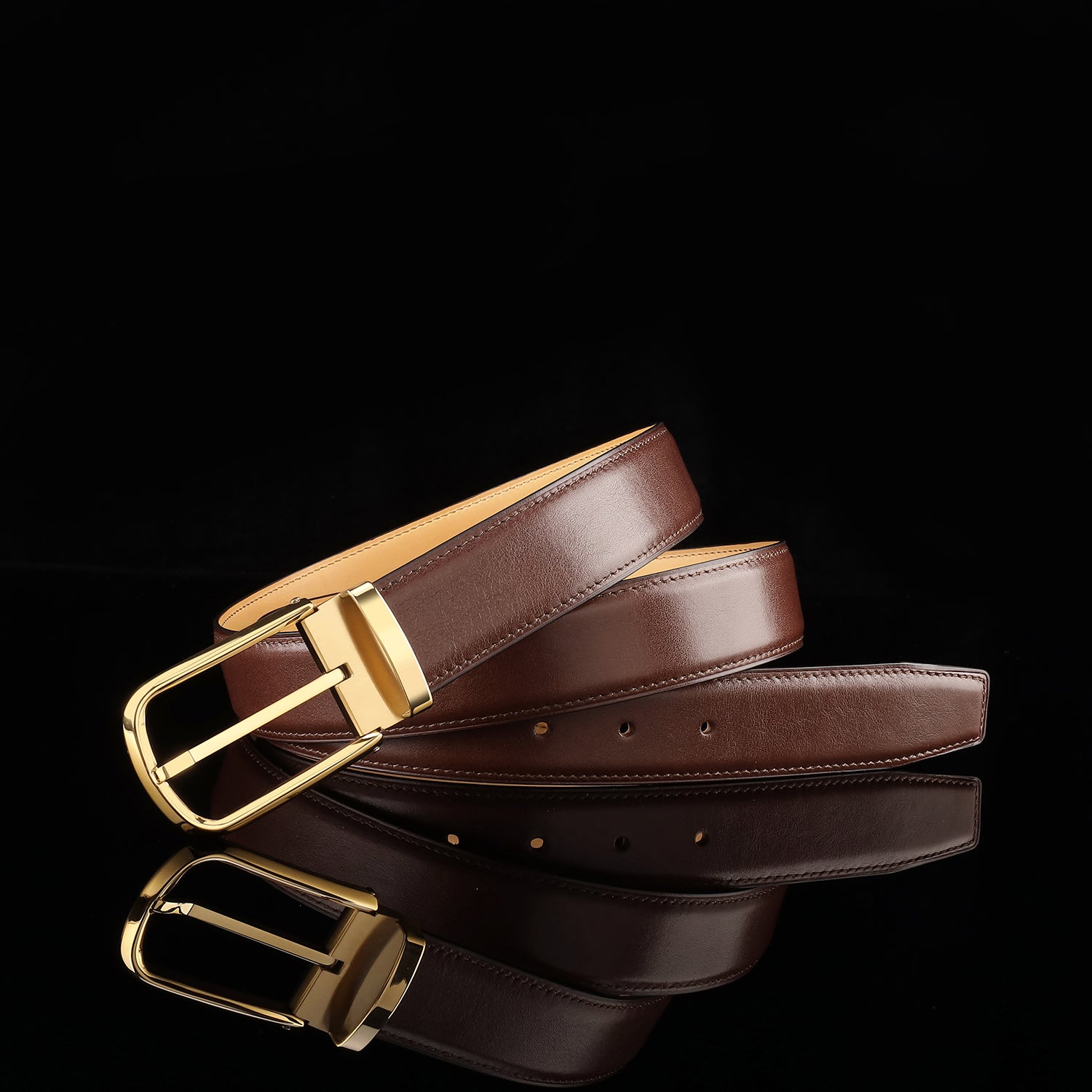 BELTLEY Brown Calfskin Leather Belt with Gold Prong Buckle