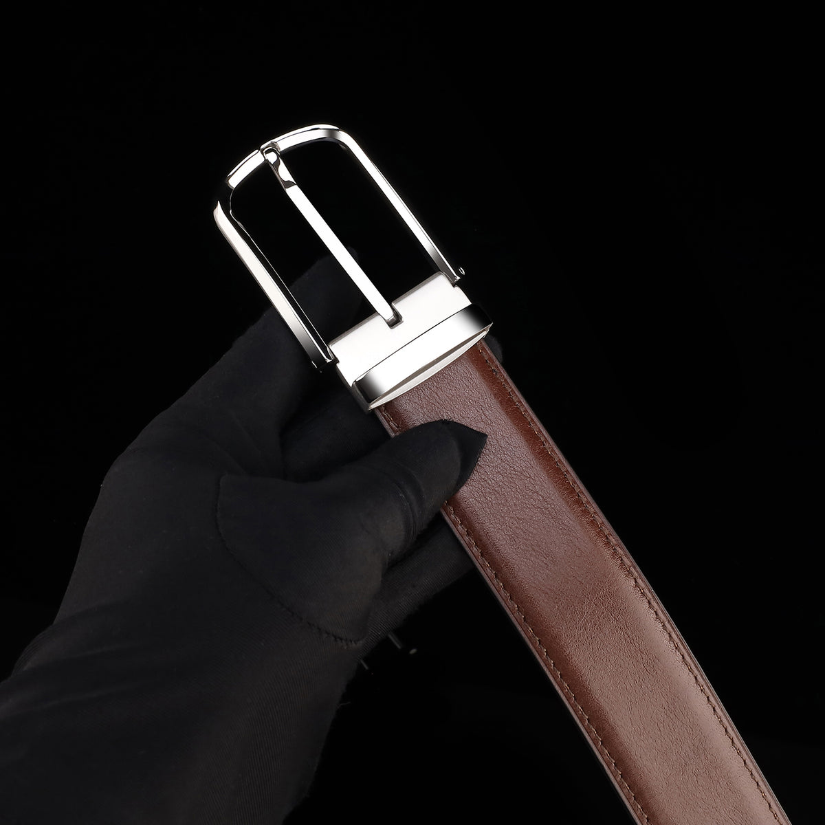 BELTLEY Brown Calfskin Leather Belt with Silver Buckle