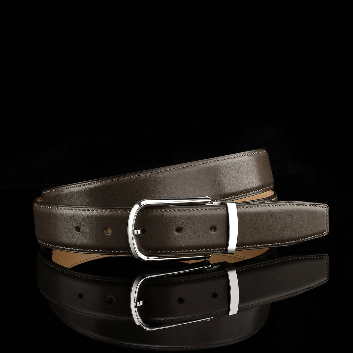 BELTLEY Brown Calfskin Leather Belt with Silver Buckle