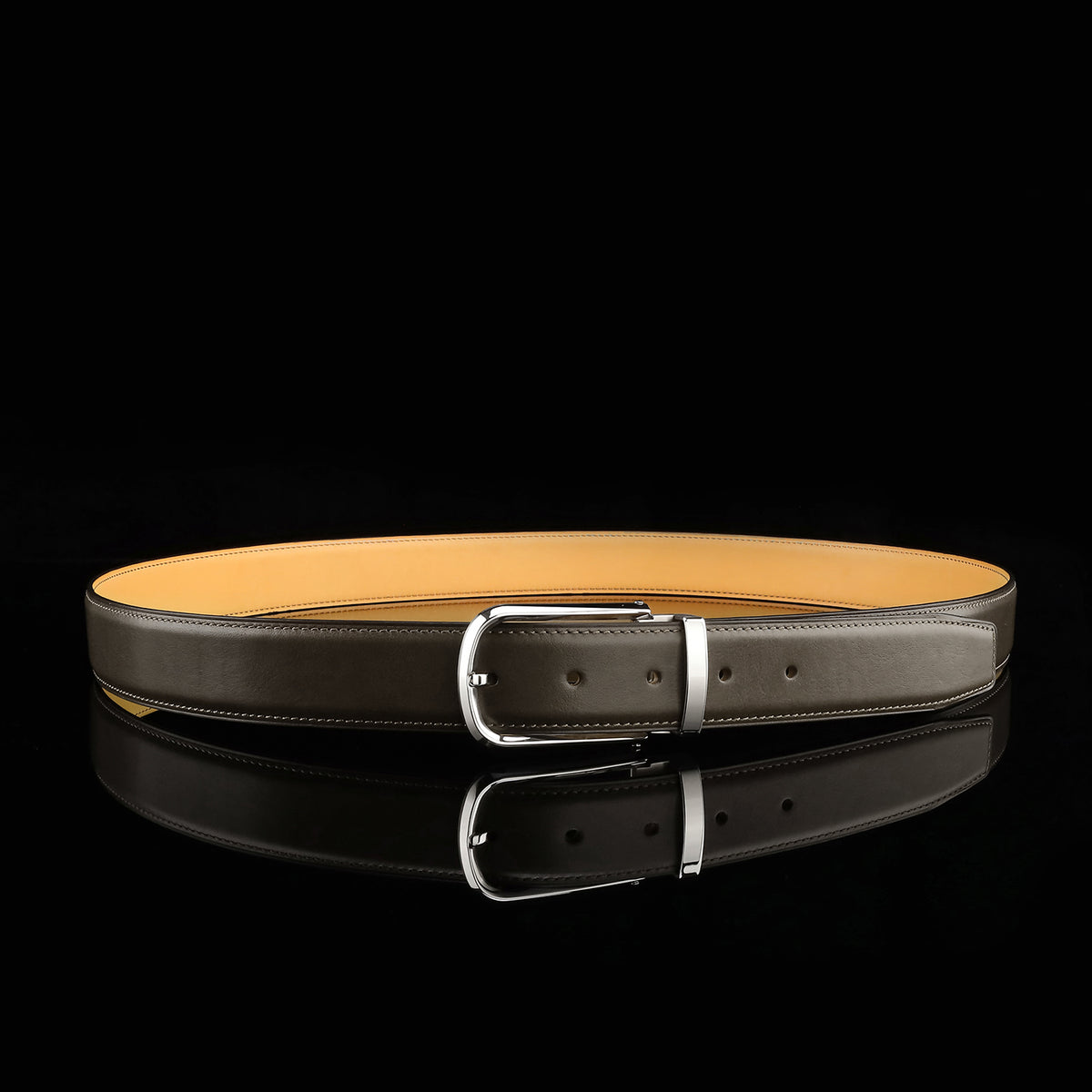 BELTLEY Brown Calfskin Leather Belt with Silver Buckle