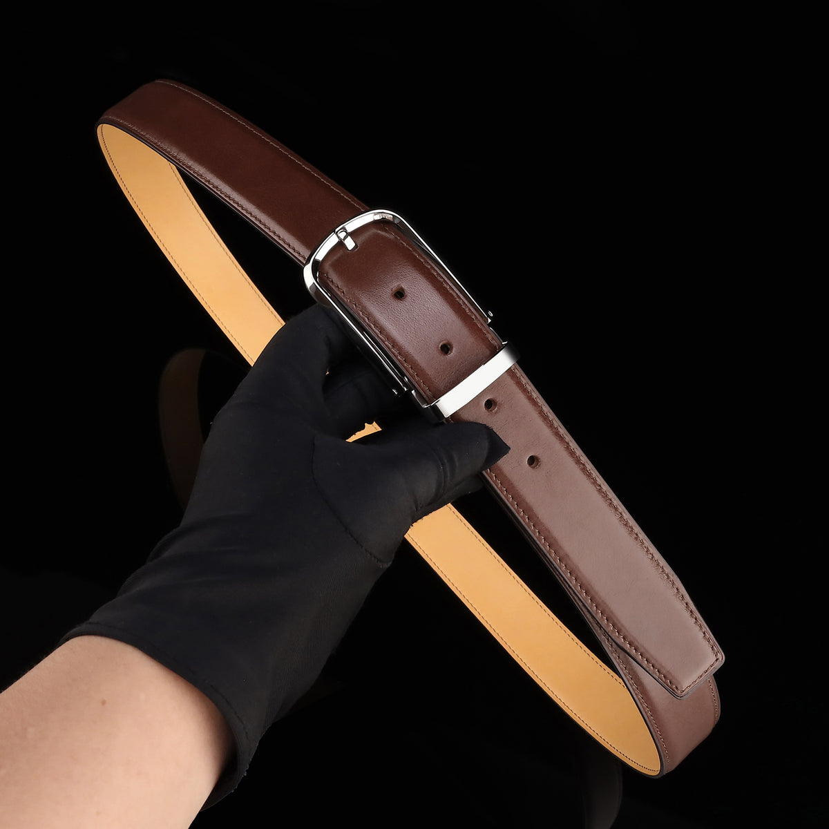 BELTLEY Brown Calfskin Leather Belt with Silver Buckle
