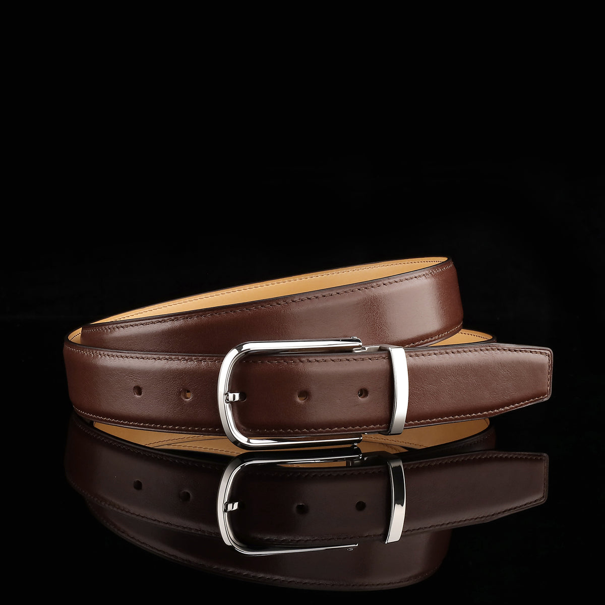 BELTLEY Brown Calfskin Leather Belt with Silver Buckle