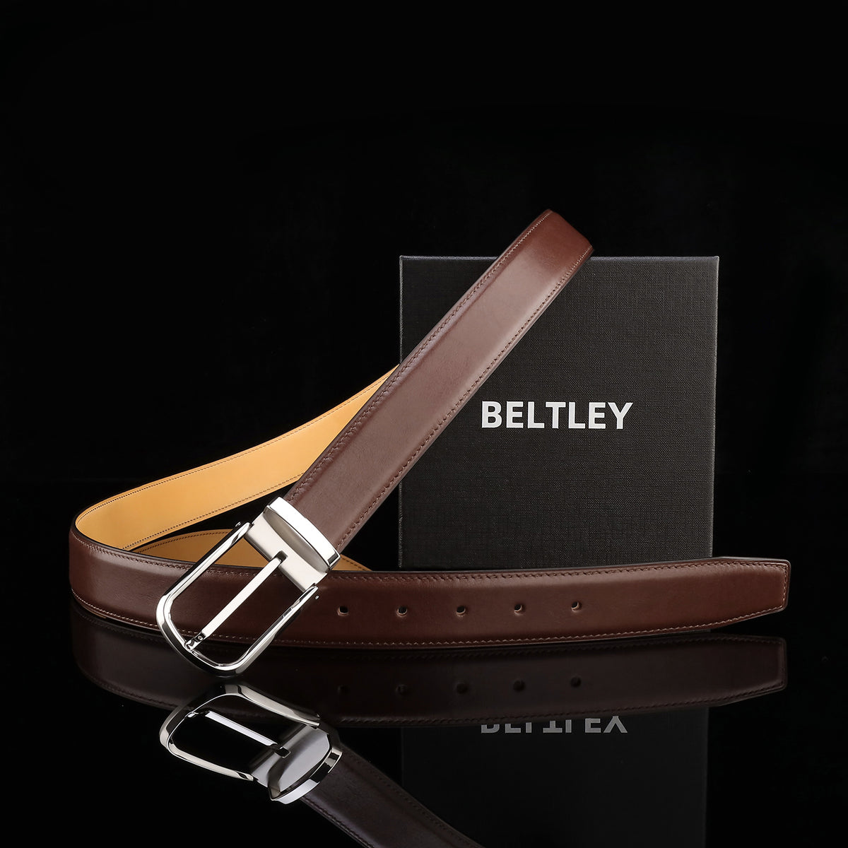 BELTLEY Brown Calfskin Leather Belt with Silver Buckle