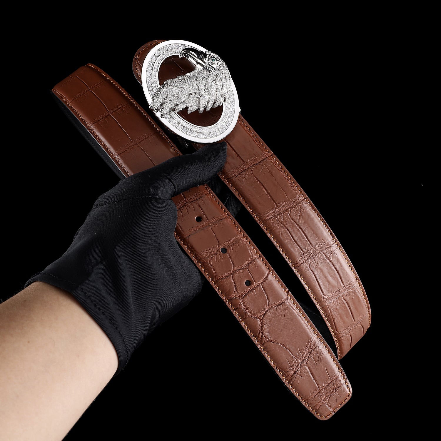 BELTLEY Brown Crocodile Belts for Sale with Sivler Eagle Buckle