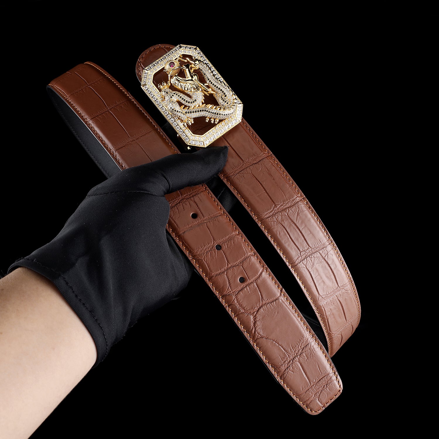 BELTLEY Brown Genuine Crocodile Leather Belt