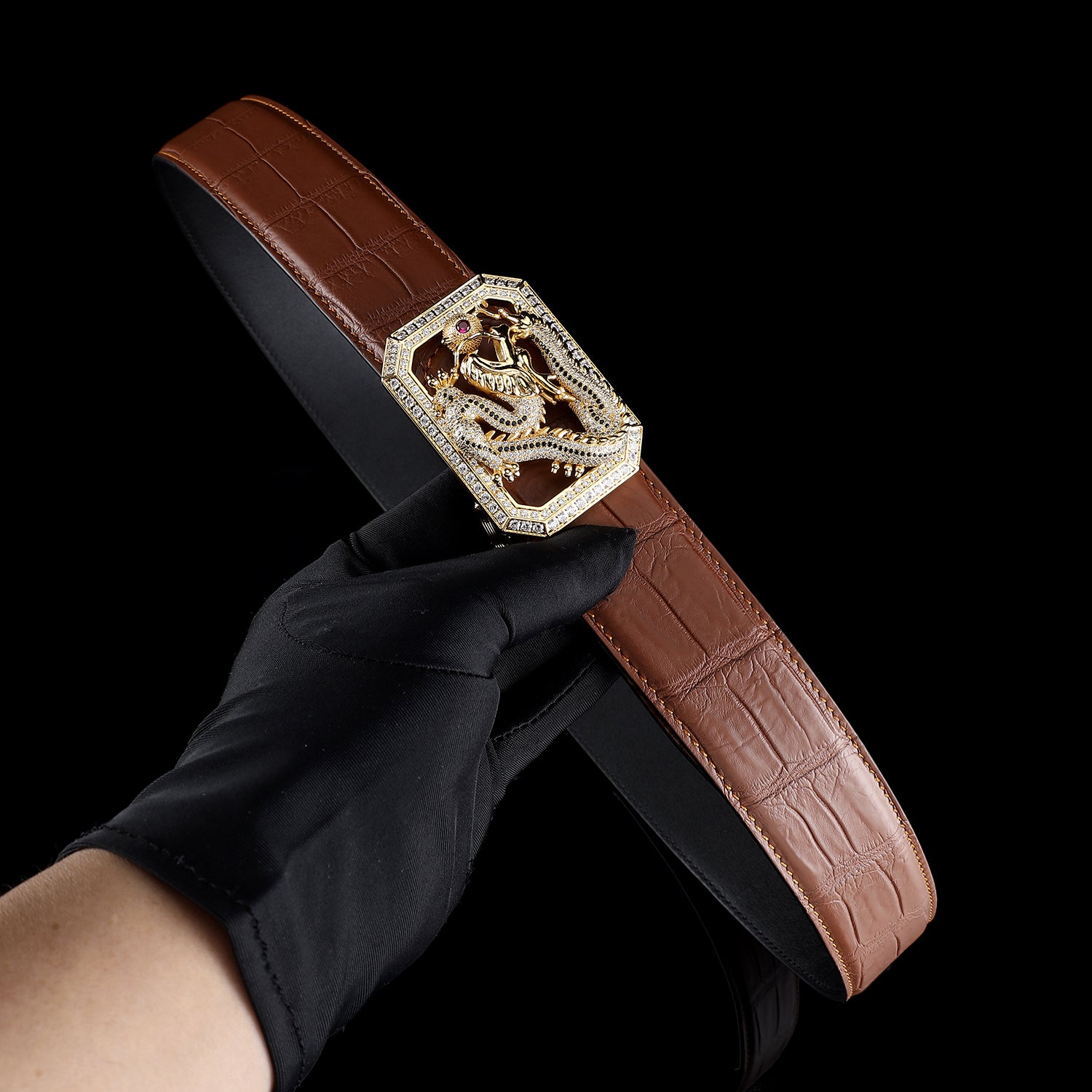 BELTLEY Brown Genuine Crocodile Leather Belt