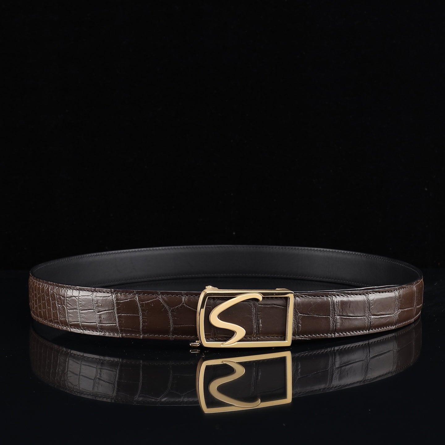 BELTLEY Brown Genuine Crocodile Leather Ratchet Belt Width 38mm