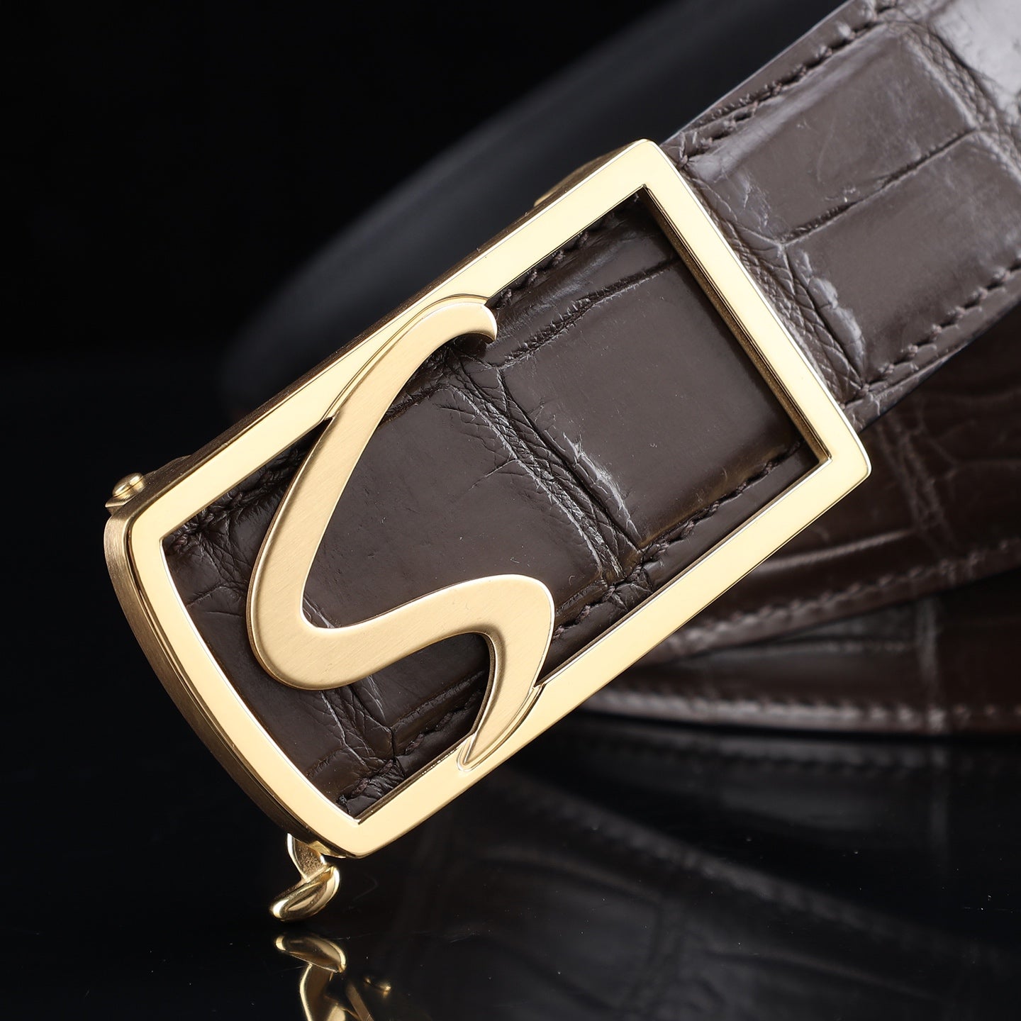 BELTLEY Brown Genuine Crocodile Leather Ratchet Belt Width 38mm