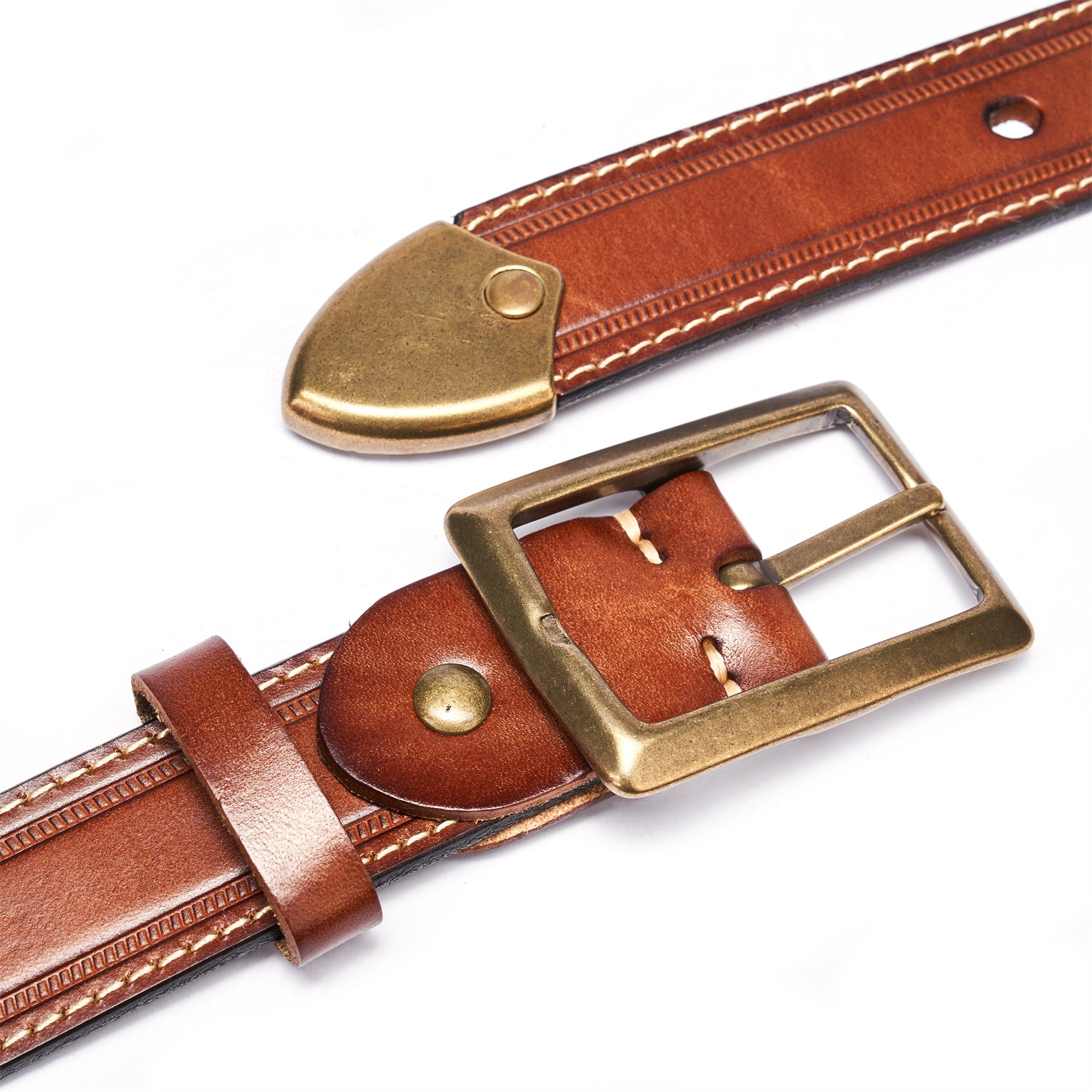 BELTLEY Brown Unisex Leather Belt 35MM -Box Frame Bronze Buckle
