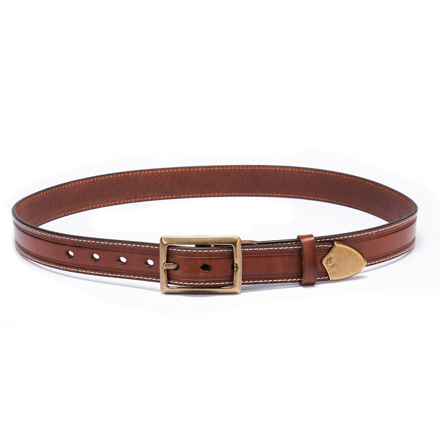 BELTLEY Brown Unisex Leather Belt 35MM -Box Frame Bronze Buckle